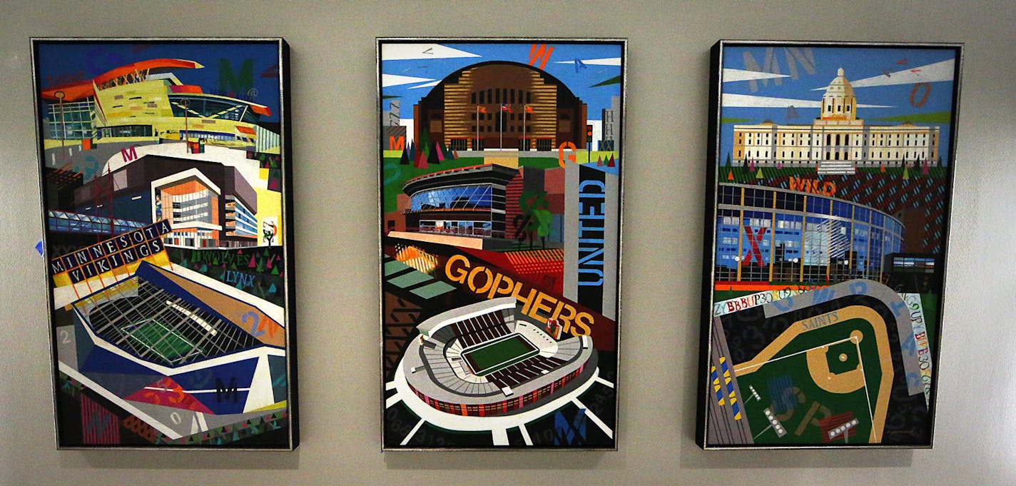 Artwork in a hallway at The Norseman Suites and Lounge area at US Bank Stadium.] JIM GEHRZ&#xef;james.gehrz@startribune.com (JIM GEHRZ/STAR TRIBUNE) / June 28, 2016/ 10:00 AM , Minneapolis, MN - BACKGROUND INFORMATION: Pix for special section for the opening of the new US Bank Stadium. You will be shooting photos for the special tab section. LEAVE FROM THE OFFICE AT 9:30 -- YOU'LL BE WALKING OVER WITH JENNI AND MARK V. These are photos that we need shot while you are over there: Glamour shot ins