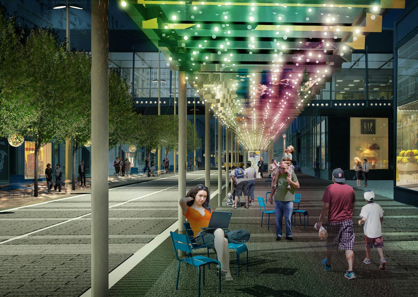 Nicollet Mall redesign project. Light Walk installation. Design by James Corner Field Operations