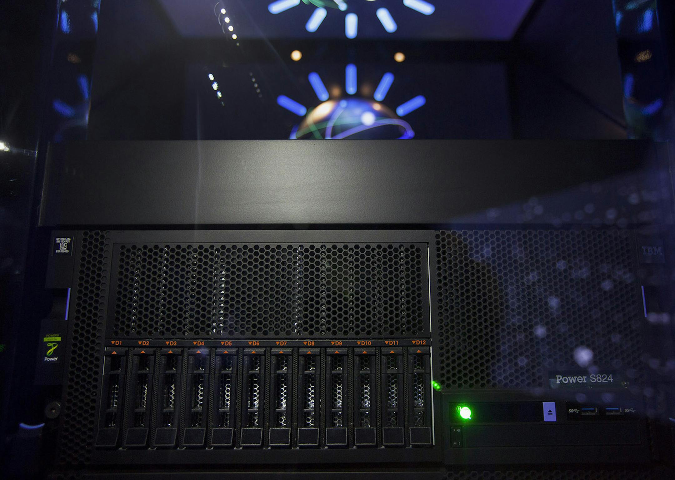 International Business Machines Corp.'s (IBM) Watson is seen in the immersion room during an event at the company's headquarters in New York, U.S., on Tuesday, Oct. 7, 2014. To help commercialize the technology famous for beating humans on the "Jeopardy!" game show, new languages such as Portuguese and Japanese are being added to the Watson service this year, said Stephen Gold, vice president of the Watson Group business. Photographer: Michael Nagle/Bloomberg ORG XMIT: 517515023