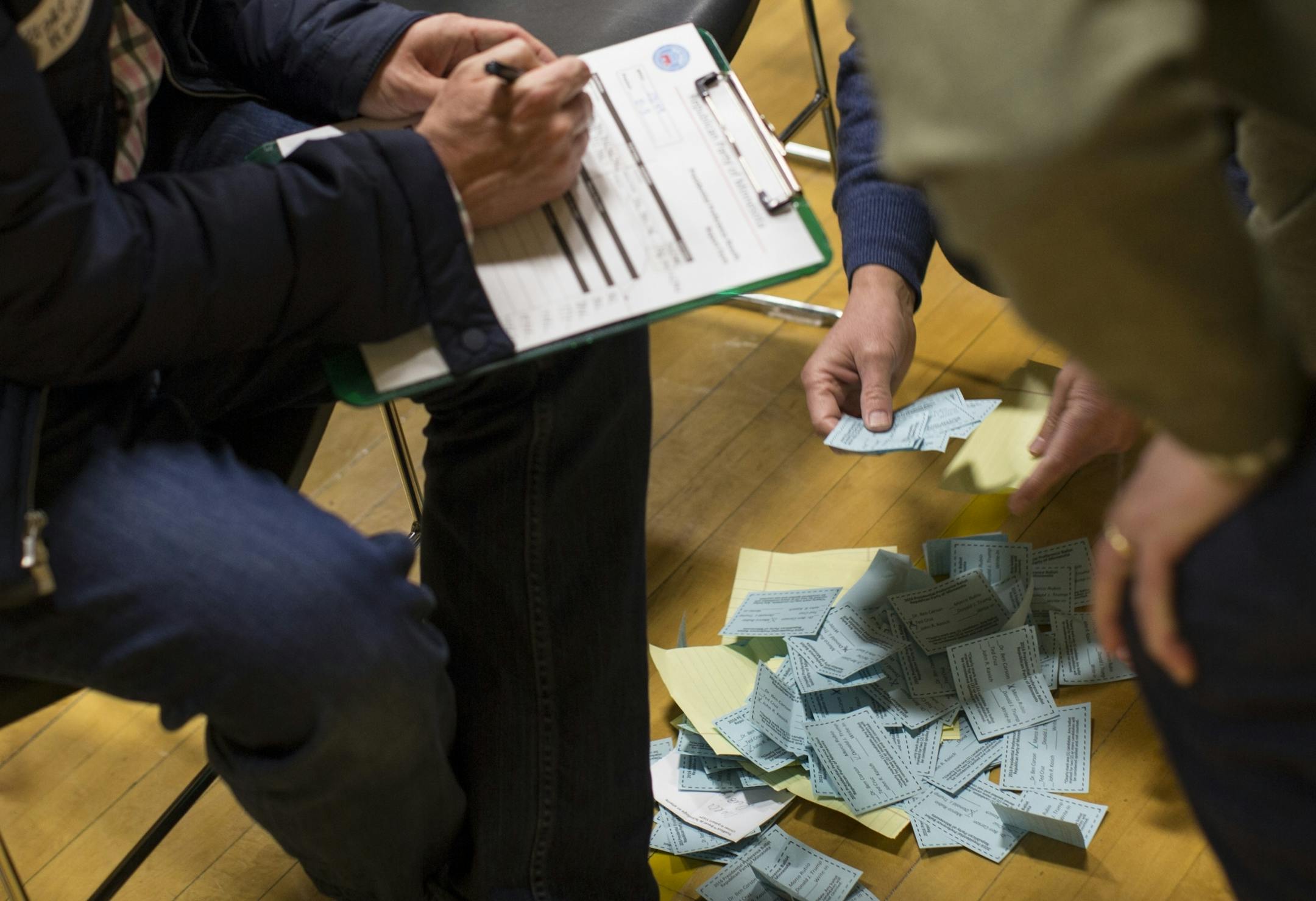 Tellers counted the presidential ballots during a GOP precinct caucus for precinct 3 at South View Middle School on March 1, 2016, in Edina, Minn. Rubio won with 73 votes, Kasich second 32, Trump third with 20 and Cruz fourth with 10. Carson got zero votes.
