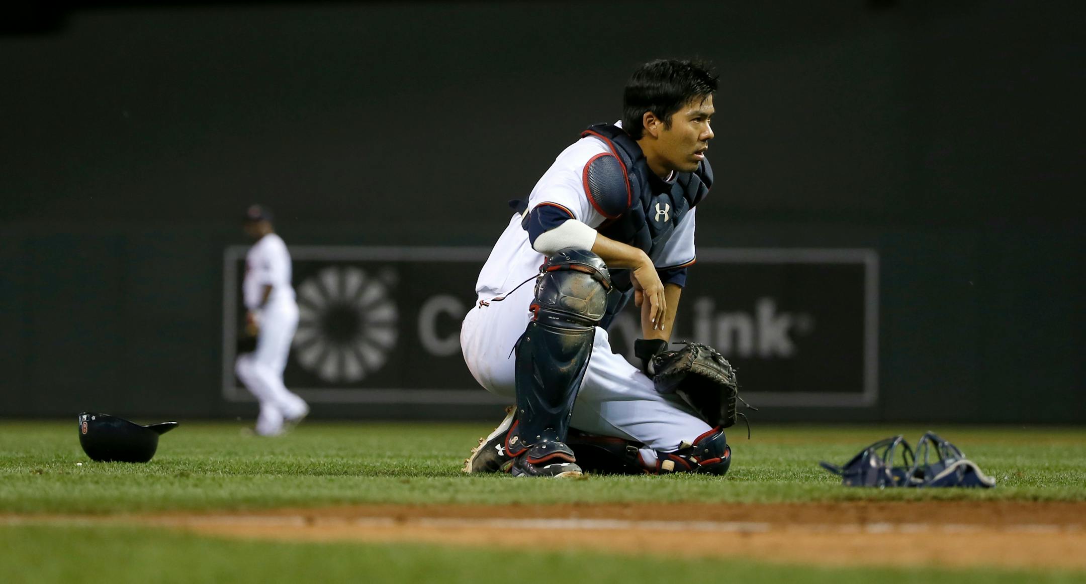 Kurt Suzuki paused after an infield pop up got away from the team during the eighth inning, scoring a run for the Brewers.