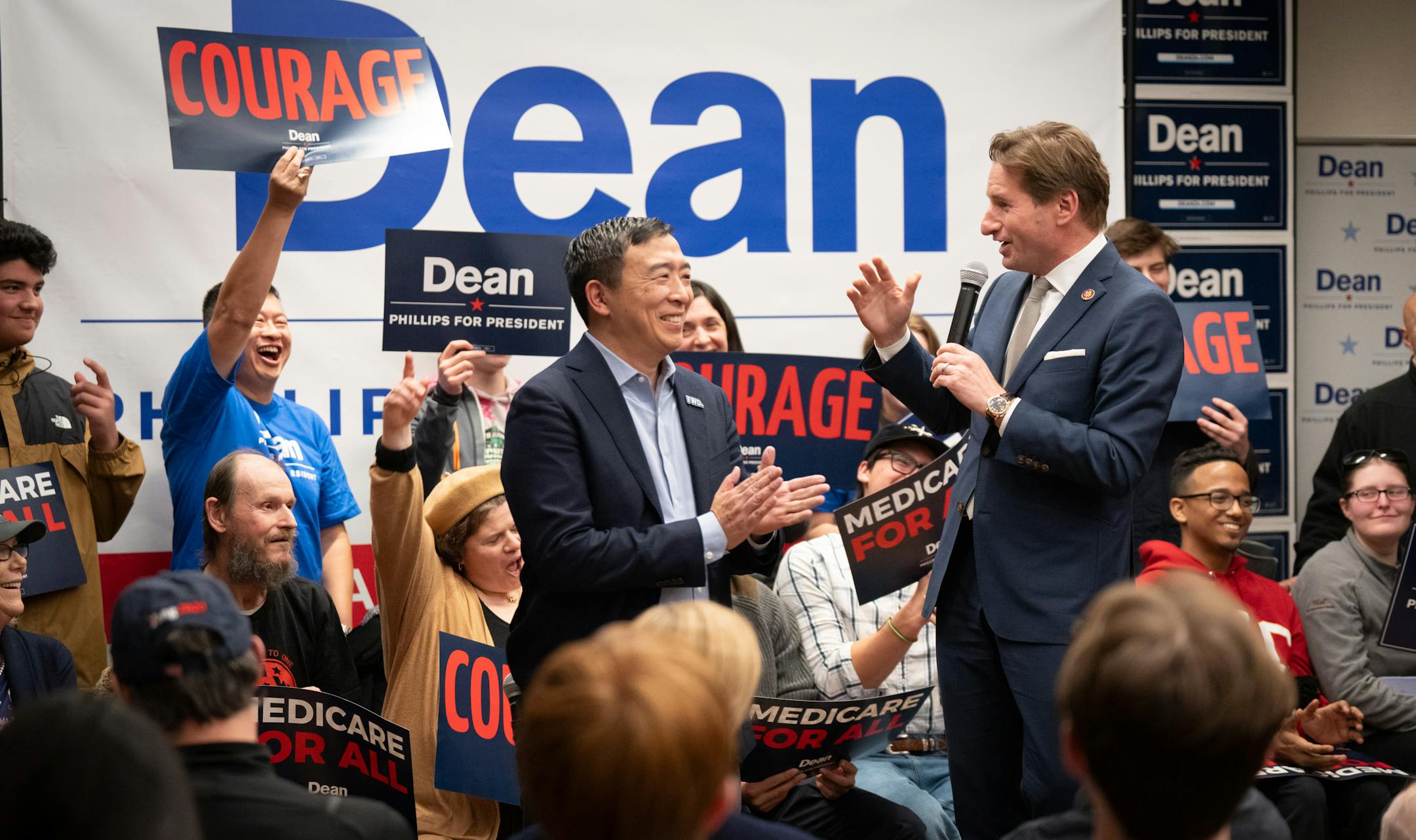 Former presidential candidate Andrew Yang endorsed Dean Phillips as he held a rally at Hanover Inn, across the street from Dartmouth College Thursday, Jan. 18, 2024  Hanover, New Hampshire.    ] GLEN STUBBE • glen.stubbe@startribune.com