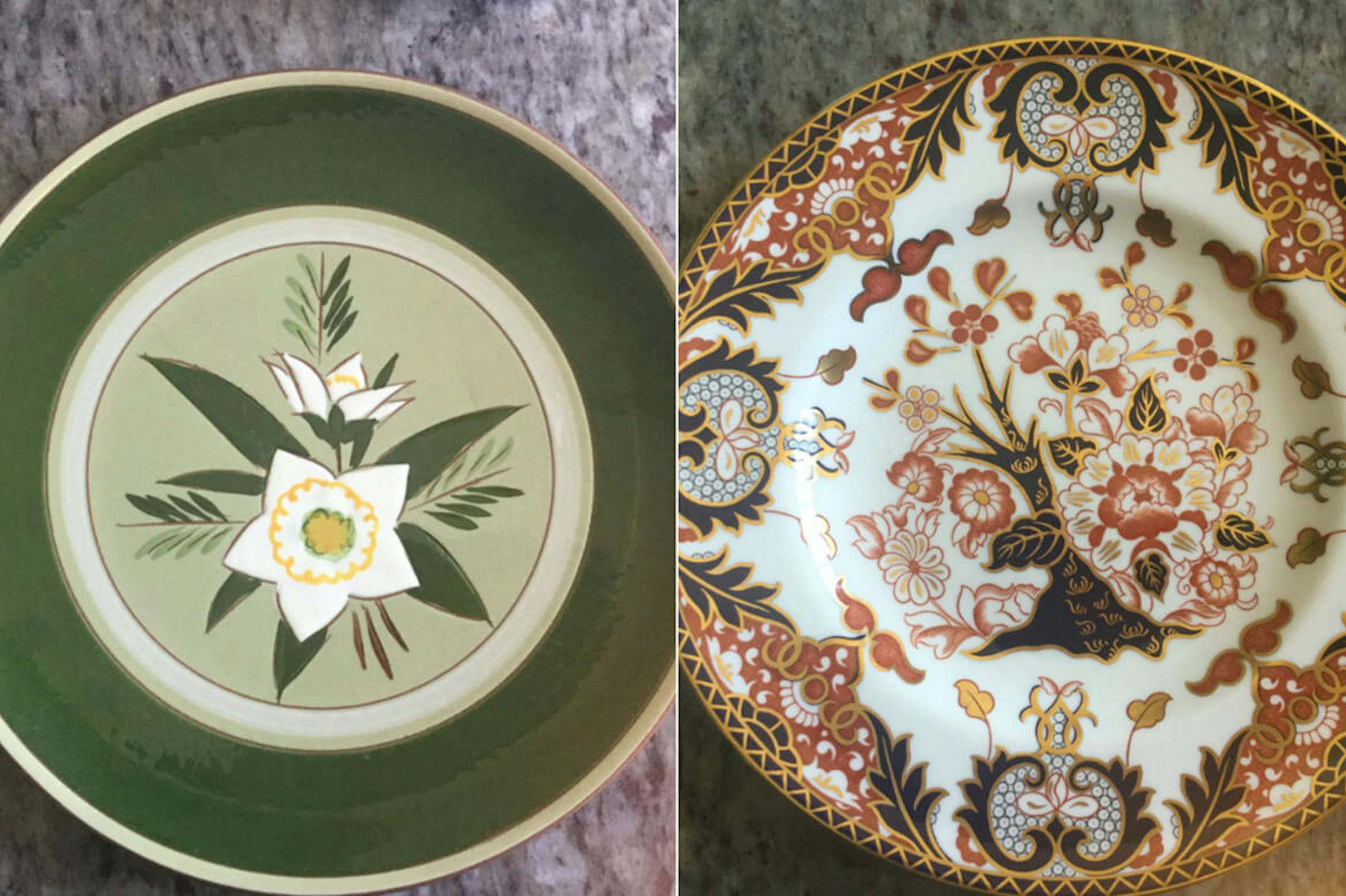 Left plate is By Stangl. It&#xed;s called &#xec;Green Star Flower.&#xee; Resale value is $9.00. Right plate is by Royal Crown Derby. It&#xed;s called &#xec;Kings Imari.&#xee; Resale value is $90.00. The Stangl is earthenware and the Crown Derby is bone china.Provided photo