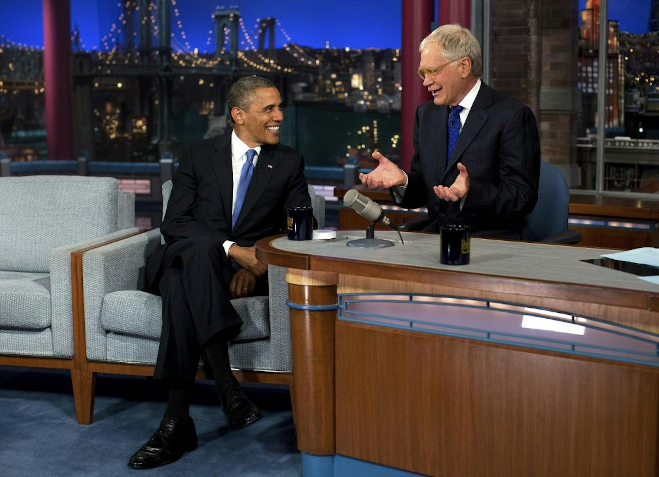 President Barack Obama is interviewed by David Letterman during an appearance on the "Late Show with David Letterman" at the Ed Sullivan Theater in New York, Sept. 18, 2012.
