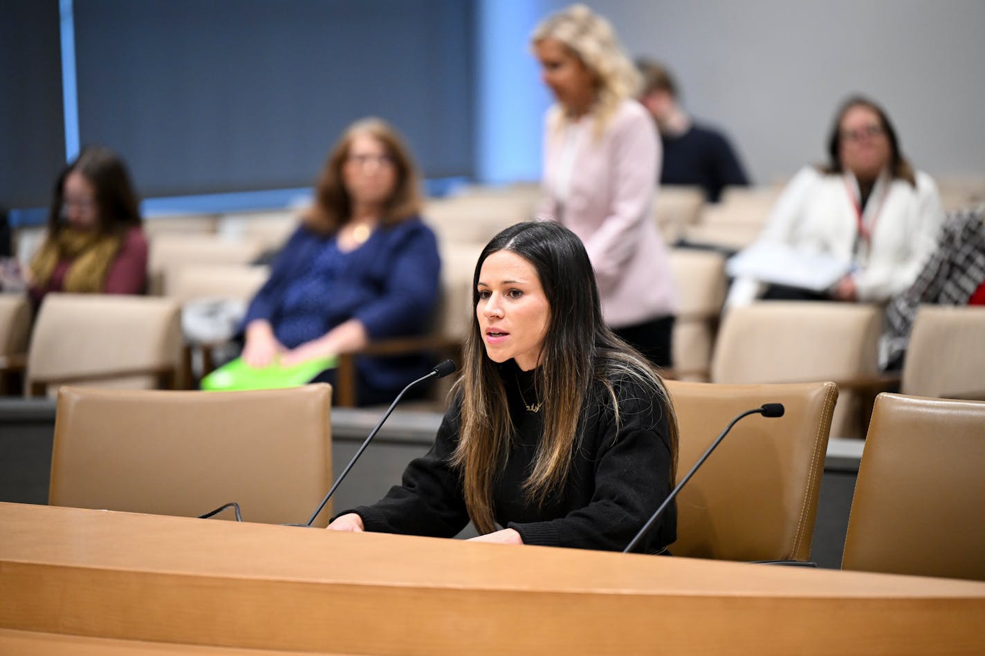 Ariana Guerra, Policy &amp; Advocacy Manager with Foster Advocates, speaks Thursday, Jan. 11, 2024 at the Minnesota Senate Office Building in St. Paul, Minn.. The state's child protection task force met for the second time following a 4-part Star Tribune series highlighting widespread failures.