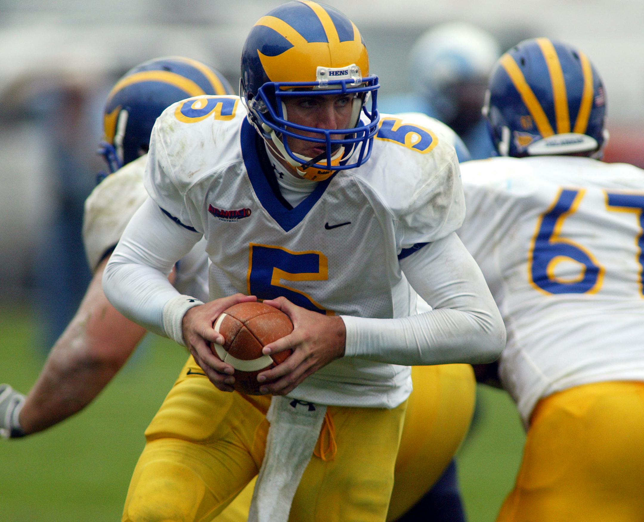 Delaware quarterback Joe Flacco (5) looks to hand off during a college football game against Rhode Island in South Kingstown, R.I. on Saturday, Sept. 23, 2006.