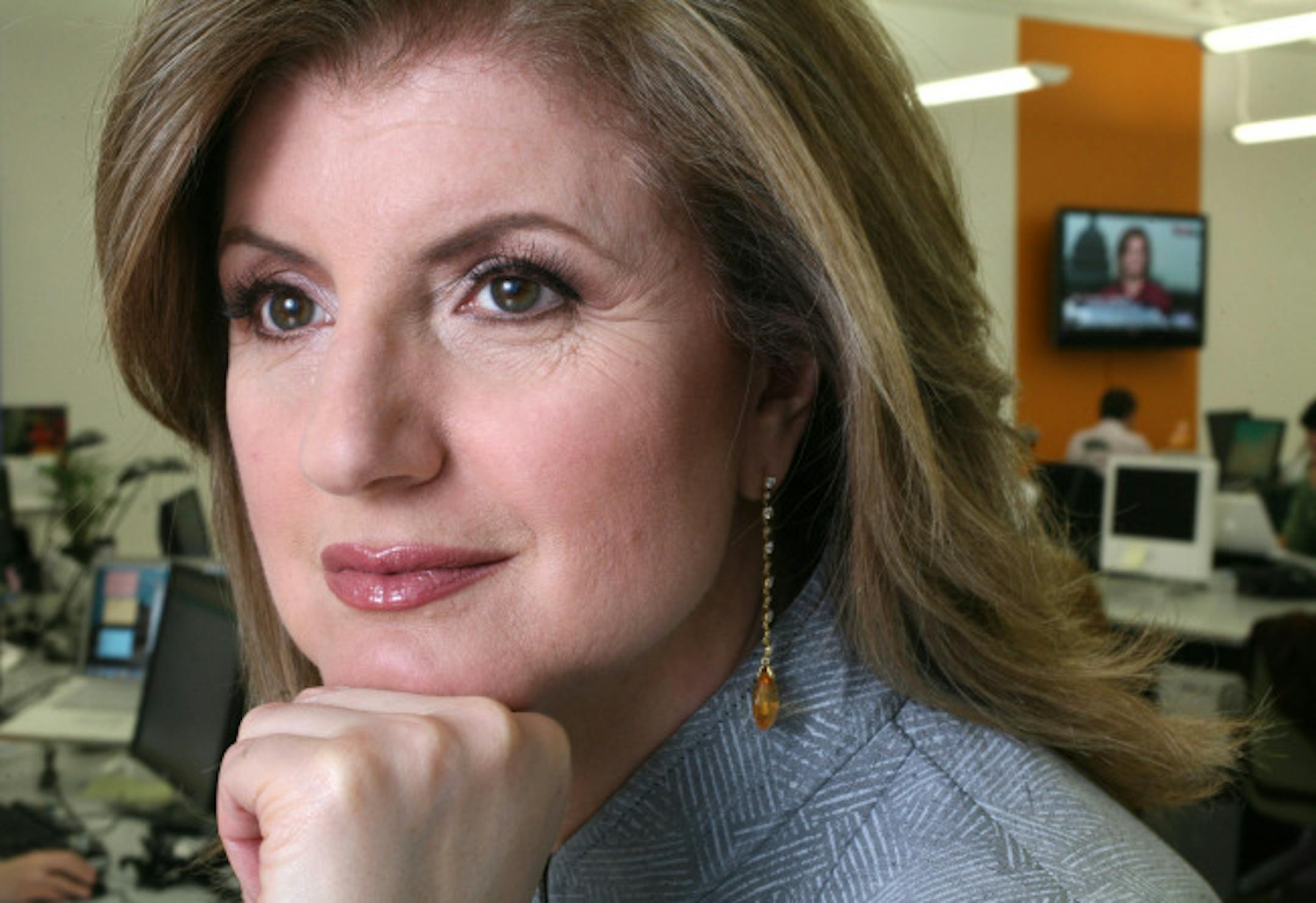 Arianna Huffington in her company's New York offices in March 2008. Becoming more publisher than columnist, Huffington calls Huffington Post an "Internet newspaper."