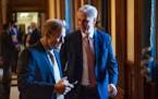 House Minority Leader Kevin McCarthy (R-Calif.) speaks with Rep. Jim Jordan (R-Ohio) as they walk to a news conference about the Biden agenda on Capit