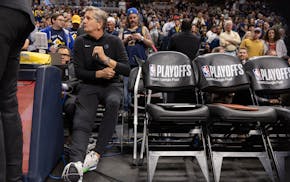 Timberwolves coach Chris Finch sat down before Saturday's game in Denver. Finch had knee surgery on Wednesday and spent Saturday as an advisor to lead