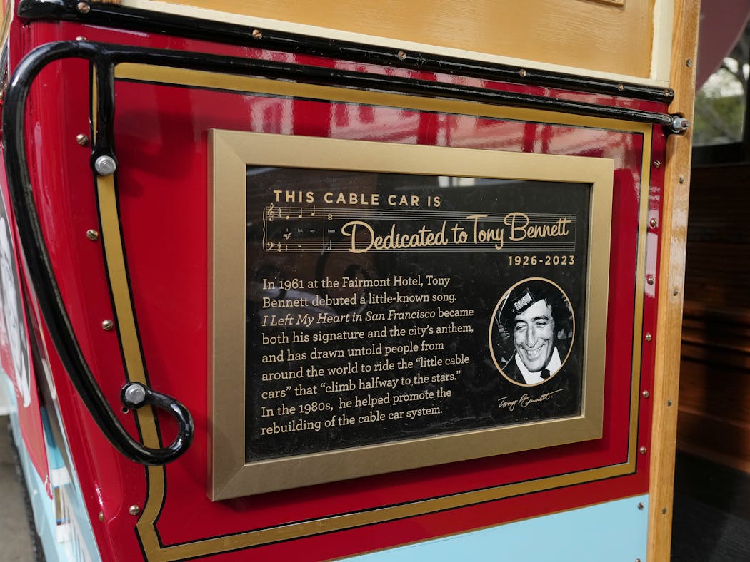 A new plaque on cable car No. 53 in San Francisco after it was dedicated to Tony Bennett on Feb. 14, 2024.