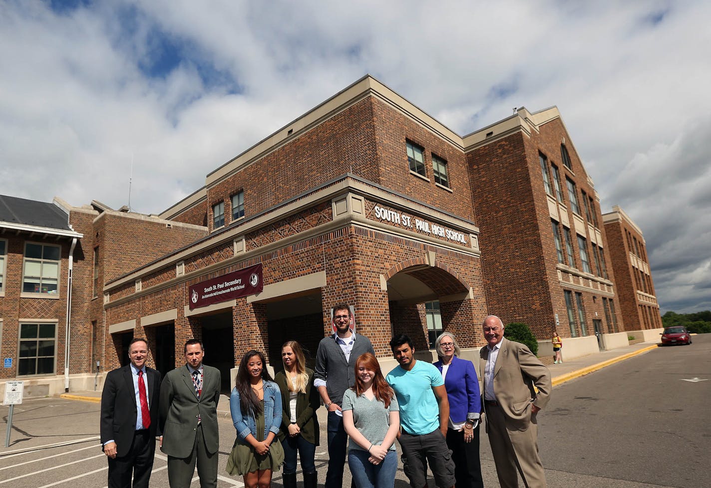 South St. Paul Educational Foundation donors, student-recipients and some current and former administrator recently gathered for a photograph at South St. Paul High School. They included: Kory Reckinger, with recipient Erick Palma; Allie Paulson, with recipient, Janna Fitzgerald and recipient, Amanda Bobzin (scholarship donors Kimberly and Jacub Kaliszewski are not pictured). Current and former administrators included: Dave Metzen, former superintendent of the South St. Paul Public Schools and f