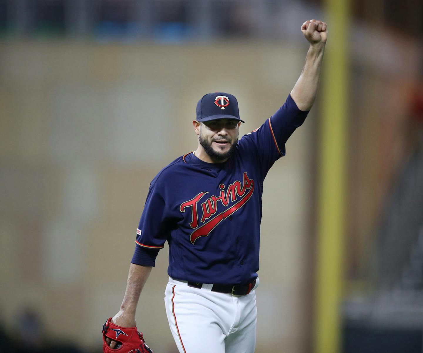 Minnesota Twins starting pitcher Martin Perez (33) celebrates getting the last out in the eight inning at Target Field Wednesday May1, 2019 in Minneapolis, MN.] The Minnesota Twins beat the Houston Astros 6-2 at Target Field . Jerry Holt &#x2022; Jerry.holt@startribune.com