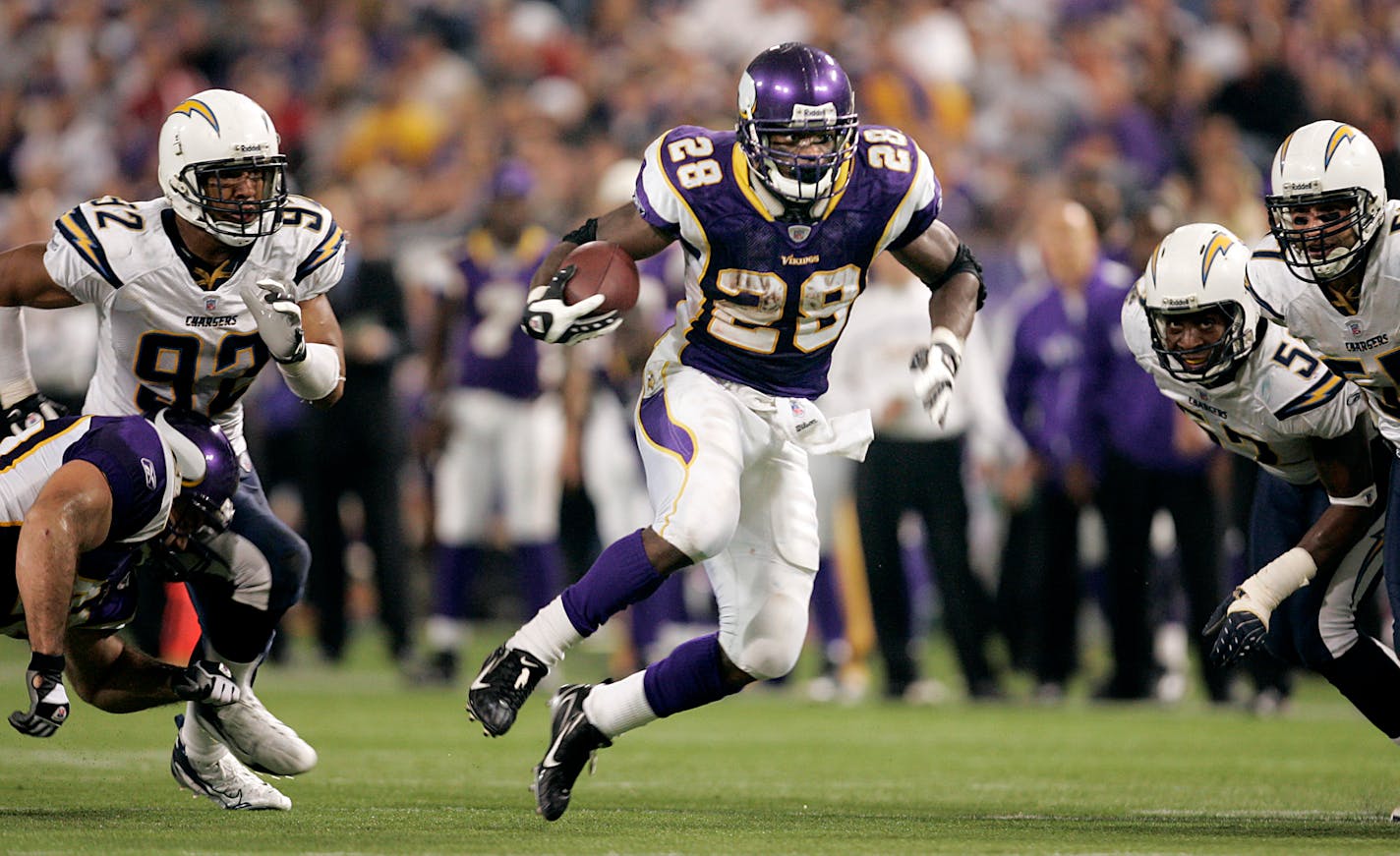 Vikings running back Adrian Peterson, behind the blocking of new Hall of Famer Steve Hutchinson and the rest of the offensive line, slashed through the Chargers defense for an NFL single-game rushing record of 296 yards in 2007, Peterson's rookie season. The Vikings beat San Diego 35-17.