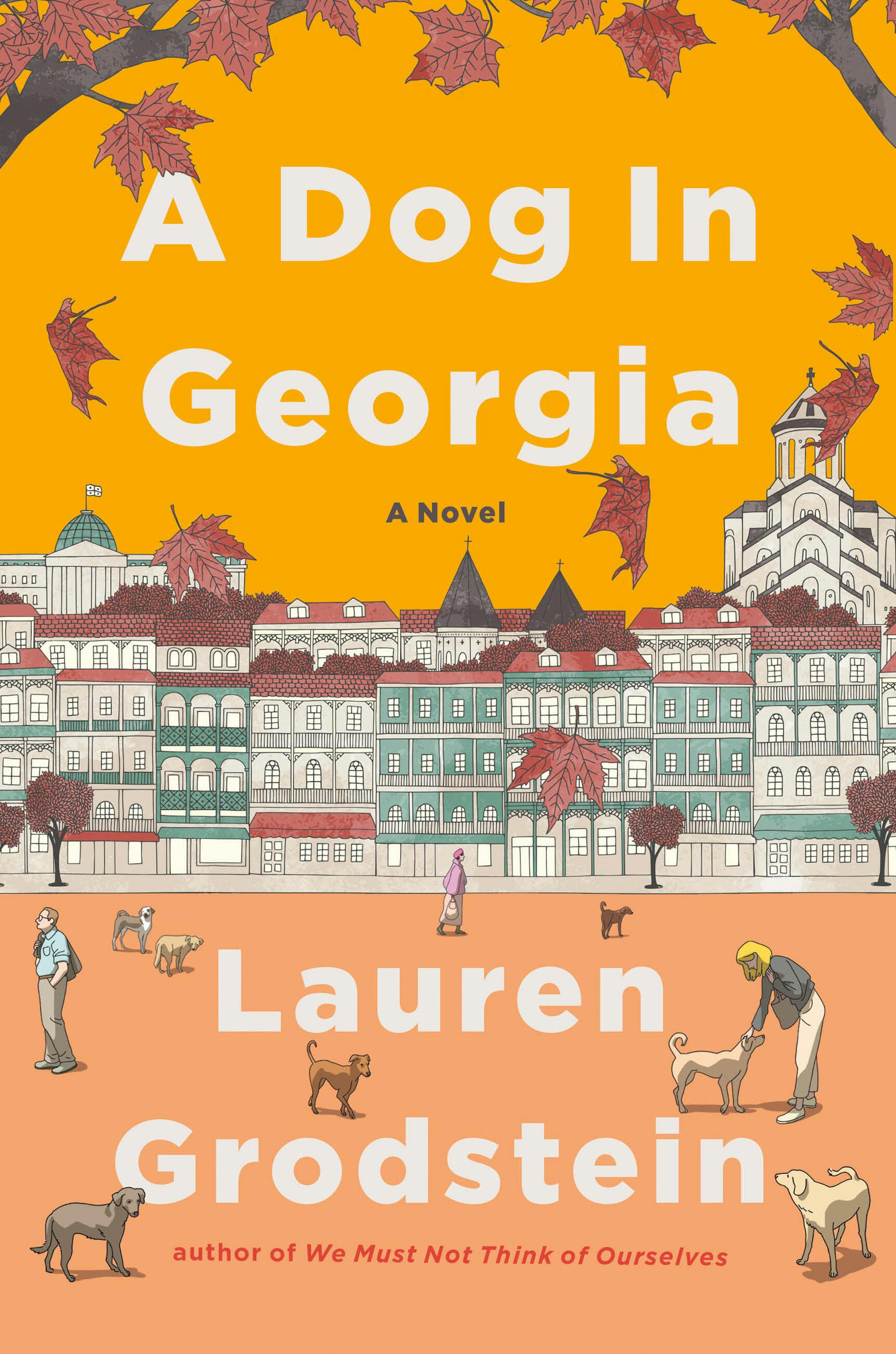 cover of A Dog in Georgia is a cartoon of European buildings and a park filled with people and dogs