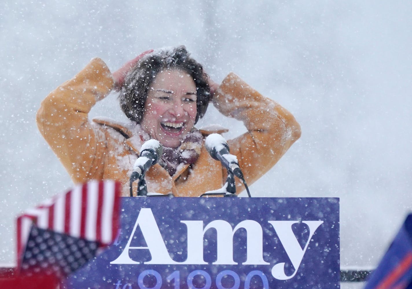 Sen. Amy Klobuchar wiped snow from her hair after announcing she is running for President of the United States Sunday morning. ] ANTHONY SOUFFLE &#x2022; anthony.souffle@startribune.com Minnesota Sen. Amy Klobuchar announced she is running for president, joining a growing and formidable list of Democratic candidates vowing to defeat President Donald Trump, Sunday, Feb. 10, 2019 at Boom Island Park in Minneapolis.