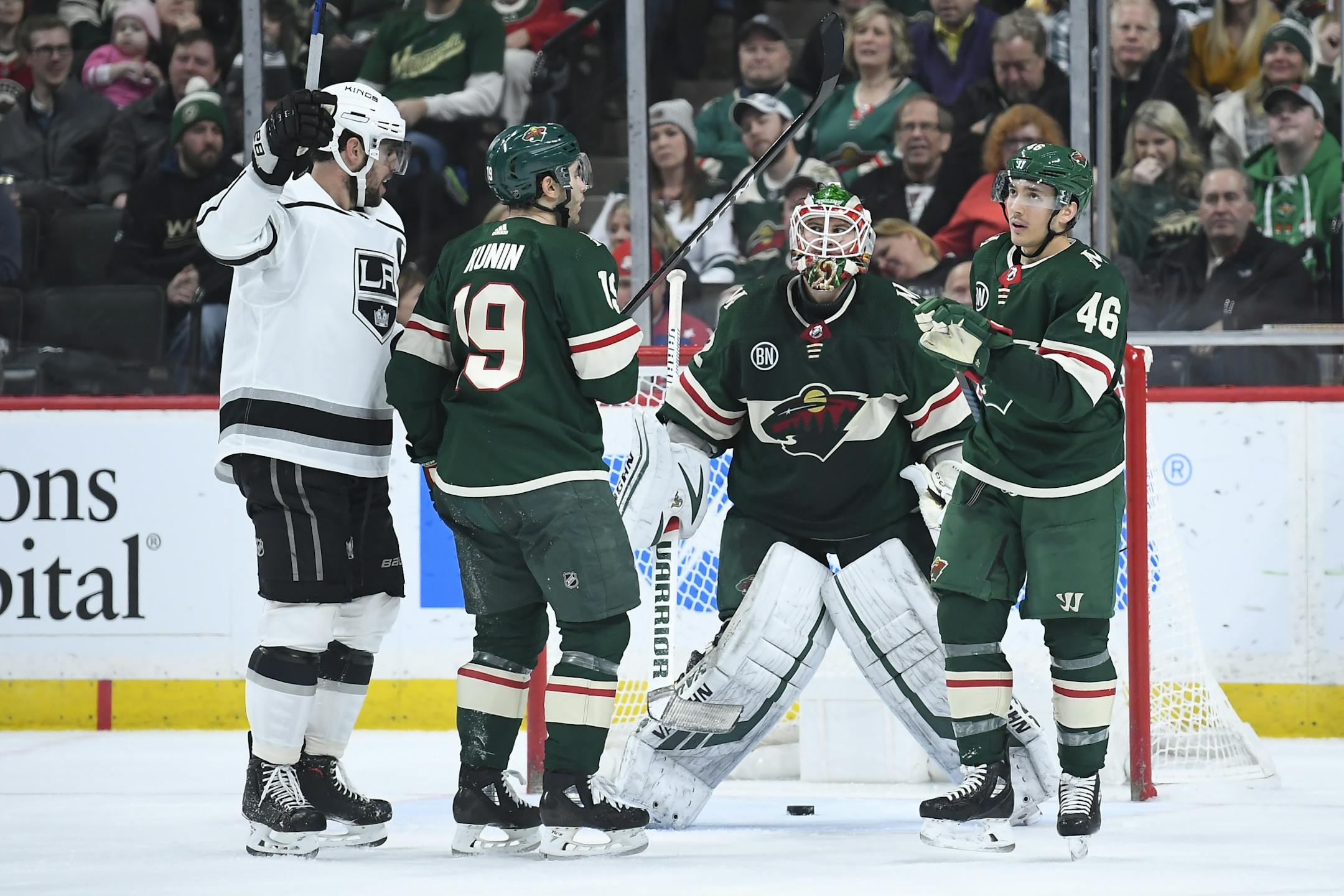 Minnesota Wild goaltender Alex Stalock (32) looked on in frustration after goal scored by Los Angeles Kings left wing Ilya Kovalchuk (17) in the second period.