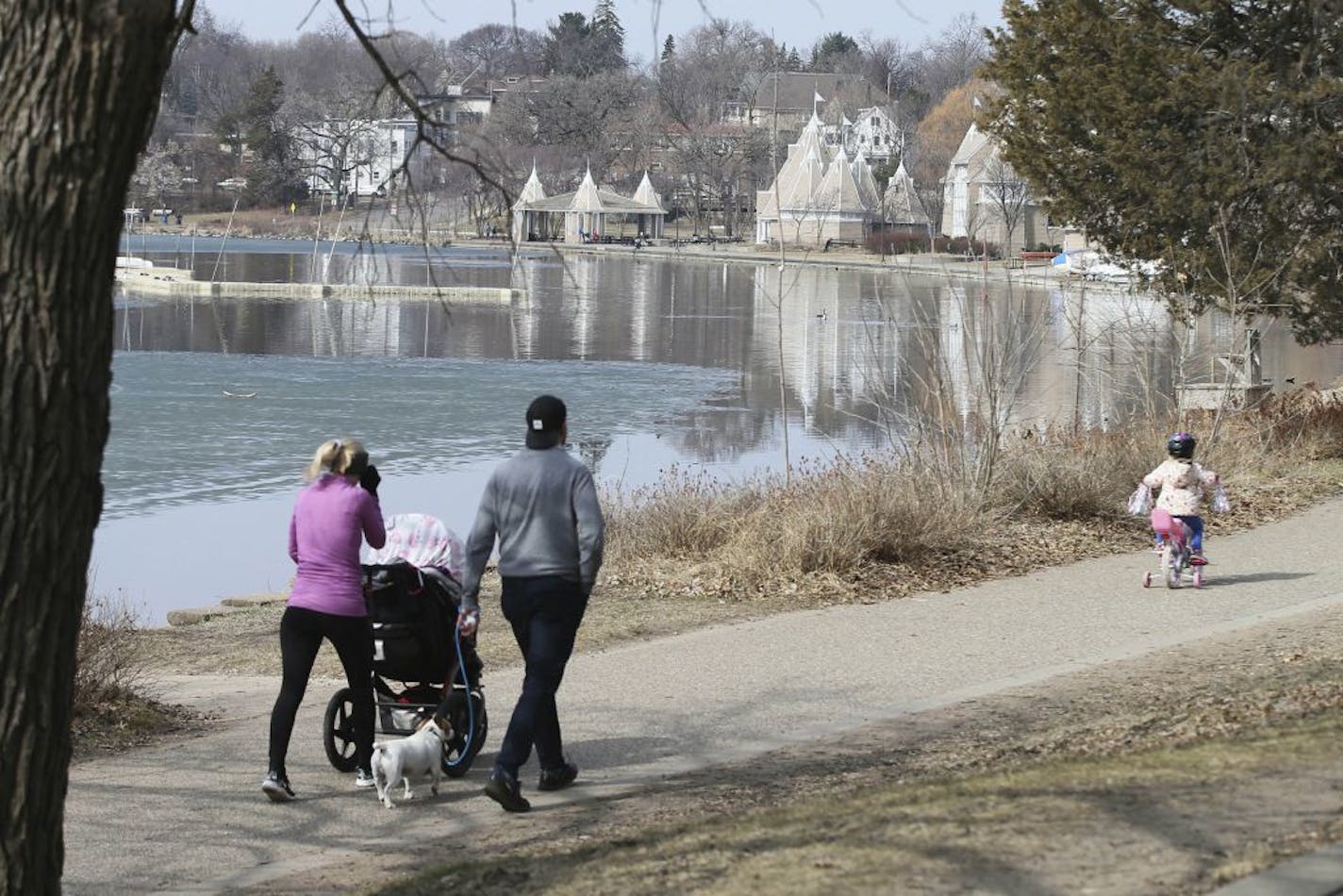 A family takes a walk around Lake Harriet as a Canada goose family, center right, enjoys the open water Friday, March 27, 2020, in Minneapolis. Gov. Tim Walz issued a stay-at-home order effective at midnight Friday to help stop the spread of the coronavirus in the state. Walz's order calls on Minnesotans who work in nonessential jobs to stay home when possible for two weeks, though they may go out for essential needs such as trips to the supermarket and pharmacy, doctor visits and for outdoor re