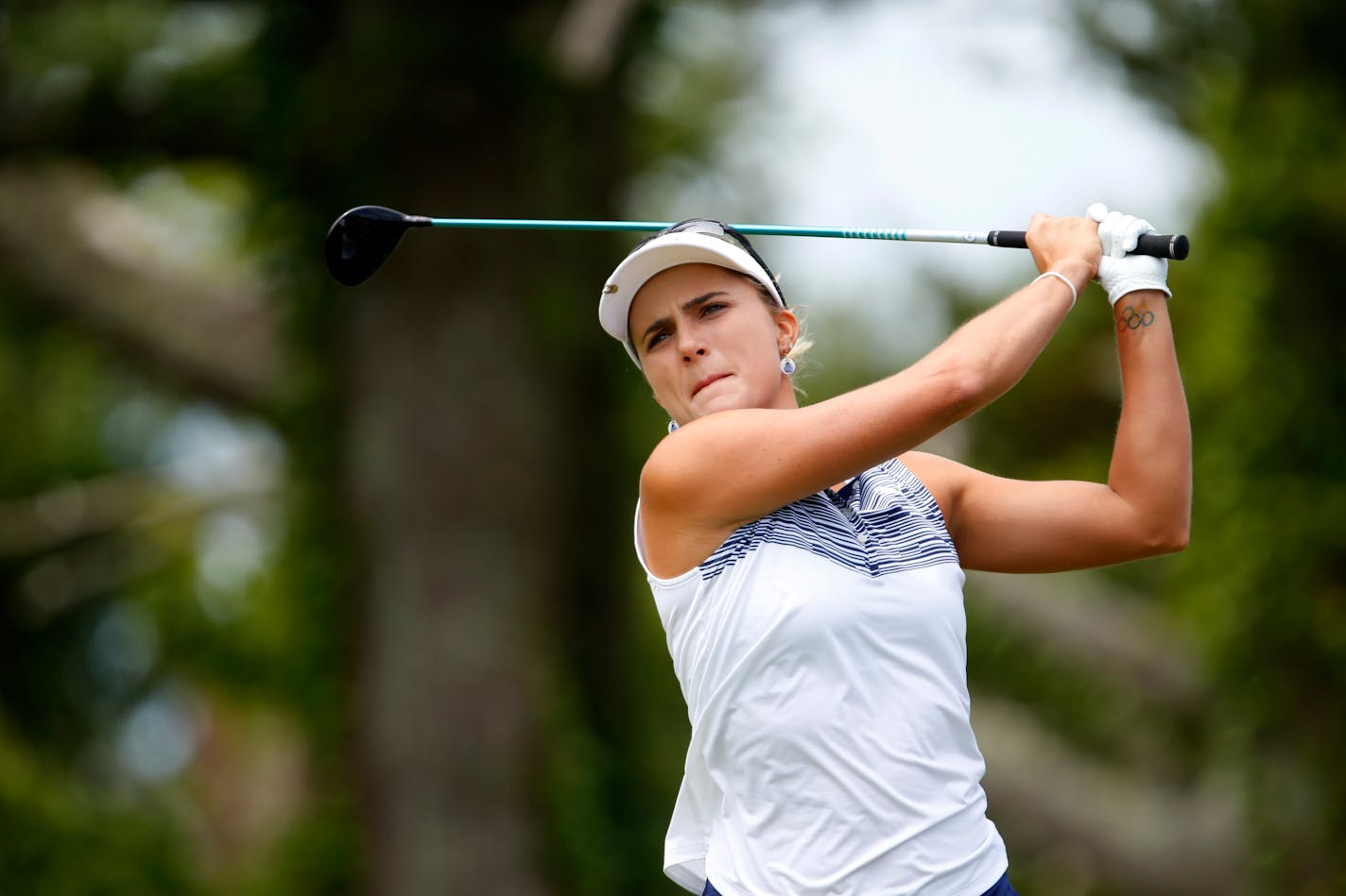 Lexi Thompson tees off for the second hole during the final round of the LPGA Classic golf tournament, Sunday, June 9, 2019, in Galloway, NJ. (AP Photo/Noah K. Murray)