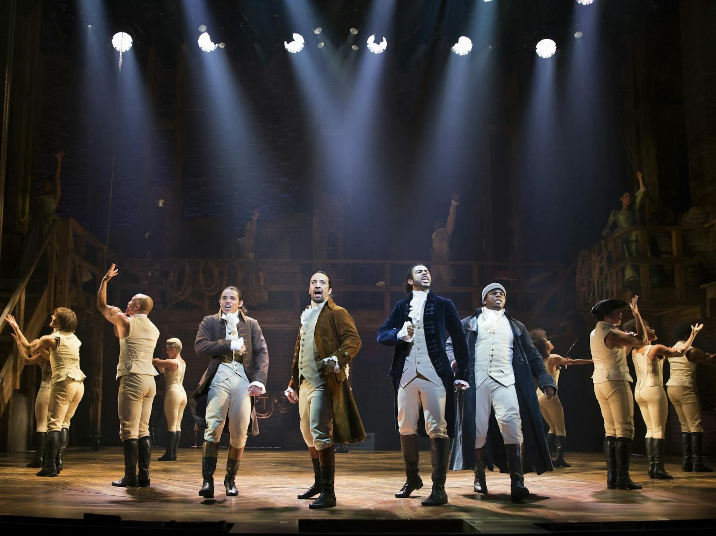 Lin-Manuel Miranda, center, and the cast of "Hamilton."