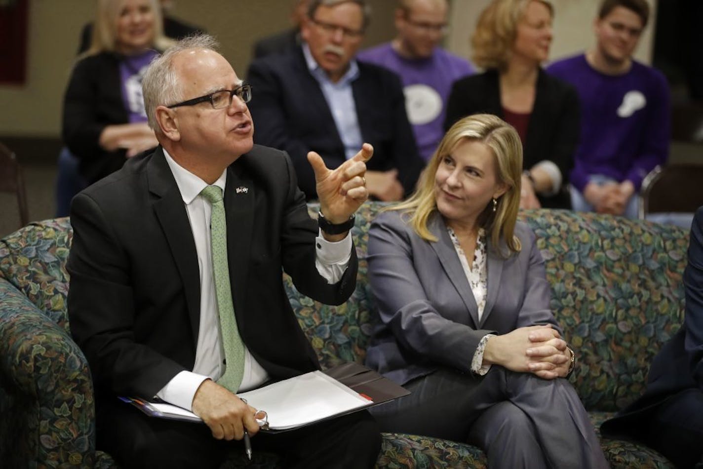 Minnesota Gov. Tim Walz, alongside DFL Speaker of the House Melissa Hortman, listened to pitches from startups at Natural Resources Research Institute last Wednesday in Hermantown.