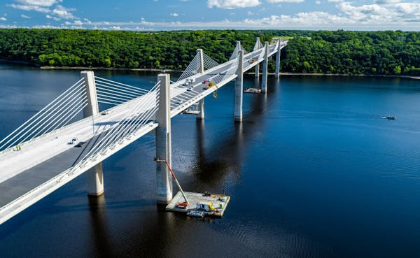 The St. Croix River bridge connects the Minnesota and Wisconsin banks just south of Stillwater.