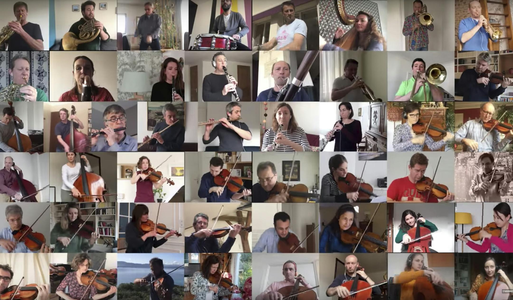 In this handout photo provided by the National Orchestra of France on Wednesday April 1, 2020, musicians from the National Orchestra of France are shown in the screenshot as a patchwork, each performing parts of "Bolero" alone in lockdown. The musicians recorded themselves over several days in March for this video posted by the orchestra on March 29. With the magic of technology, their individual videos were woven together to create a rousing orchestra-like sound for the famous piece of music by