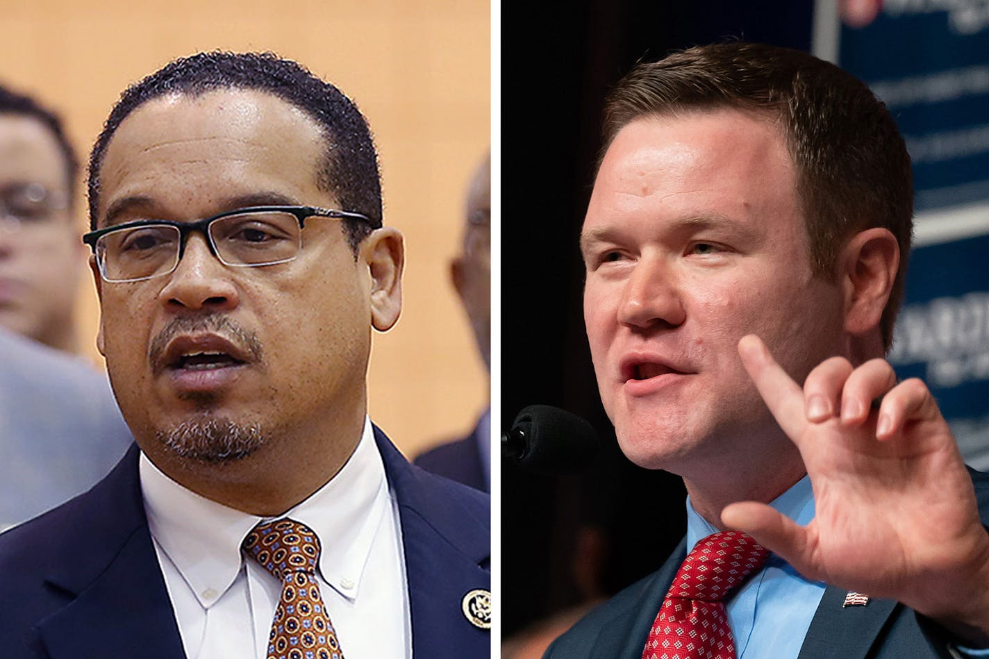 U.S. Rep. Keith Ellison, left, is widely known but a divisive candidate, according to the poll, while Doug Wardlow, right, has a lead among male voters.