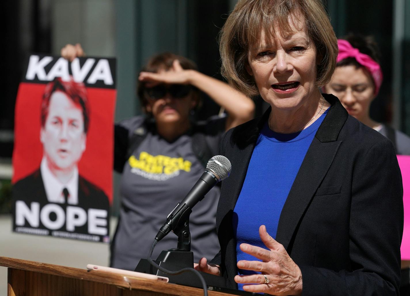 U.S. Sen. Tina Smith took questions during the press conference Friday. ] ANTHONY SOUFFLE &#xef; anthony.souffle@startribune.com U.S. Sen. Tina Smith held a press conference to speak about Brett Kavanaugh's nomination to the U.S. Supreme Court and what's at stake for the future of women's reproductive rights, the court, and the country Friday, Sept. 7, 2018 outside Warren E. Burger Federal Building in St. Paul, Minn.