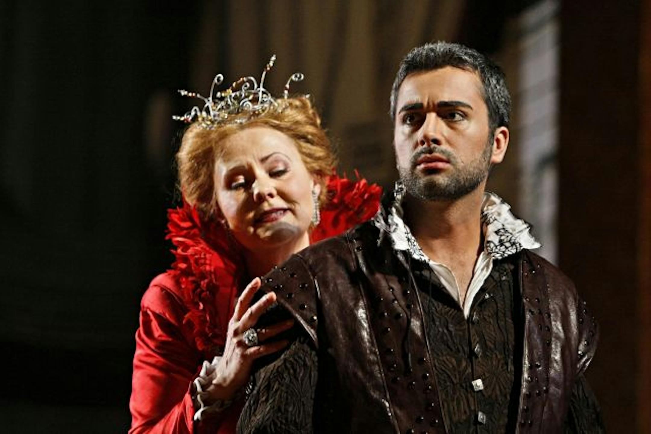 Elisabetta, Queen of England (Brenda Harris) and Roberto Devereux, Earl of Essex (Bruno Ribeiro) in the Minnesota Opera production of "Roberto Devereux."