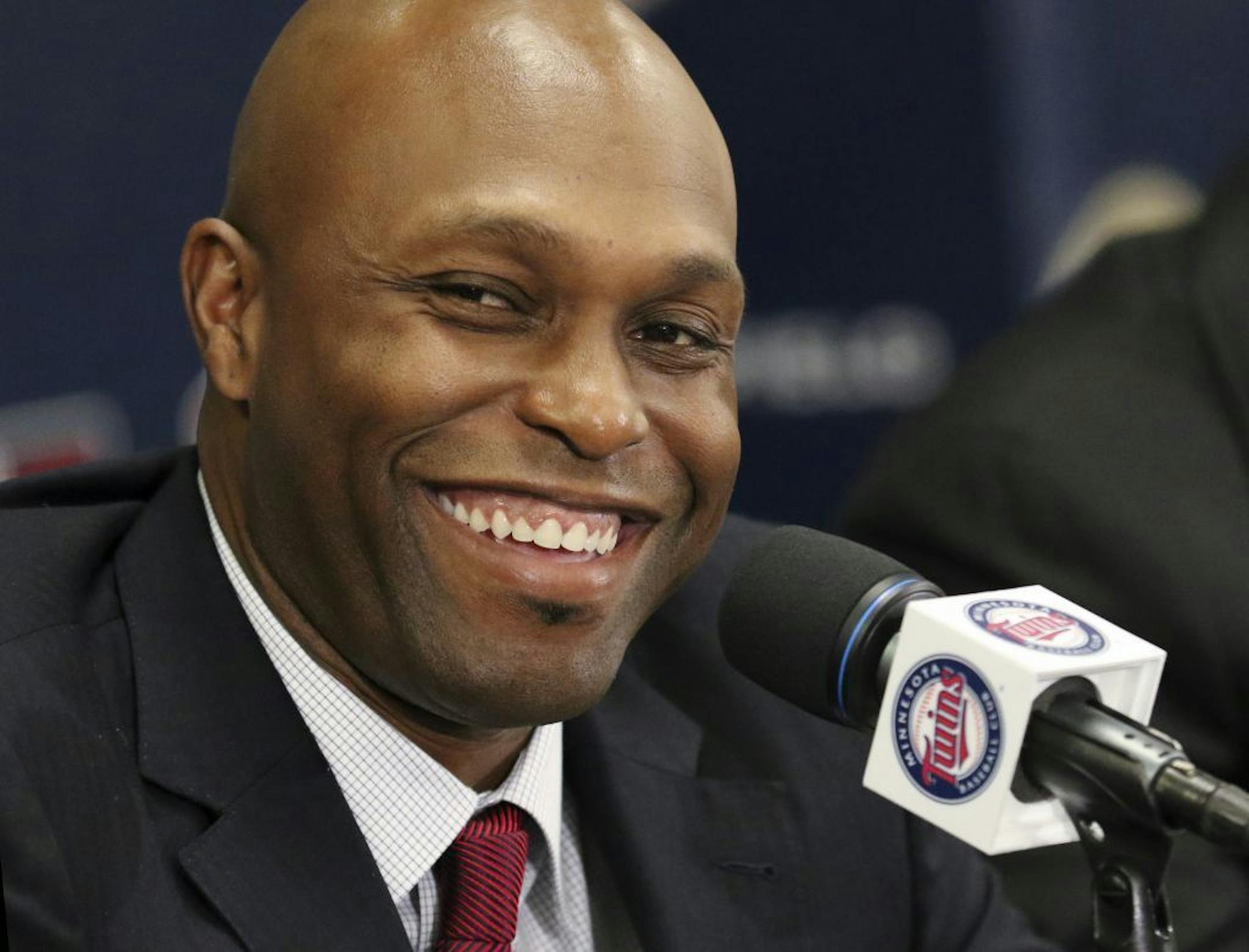 Torii Hunter smiles at a news conference in Minneapolis, Thursday, Nov. 5, 2015. Hunter has declared an end to his playing career of 17-plus major league seasons, including more than a decade with the Minnesota Twins, but he has a plan to stay in the game. Hunter said Thursday at a farewell news conference at Target Field that he does not want to "sit out too long" from the sport. (Brian Peterson/Star Tribune via AP) MANDATORY CREDIT; ST. PAUL PIONEER PRESS OUT; MAGAZINES OUT; TWIN CITIES LOCAL
