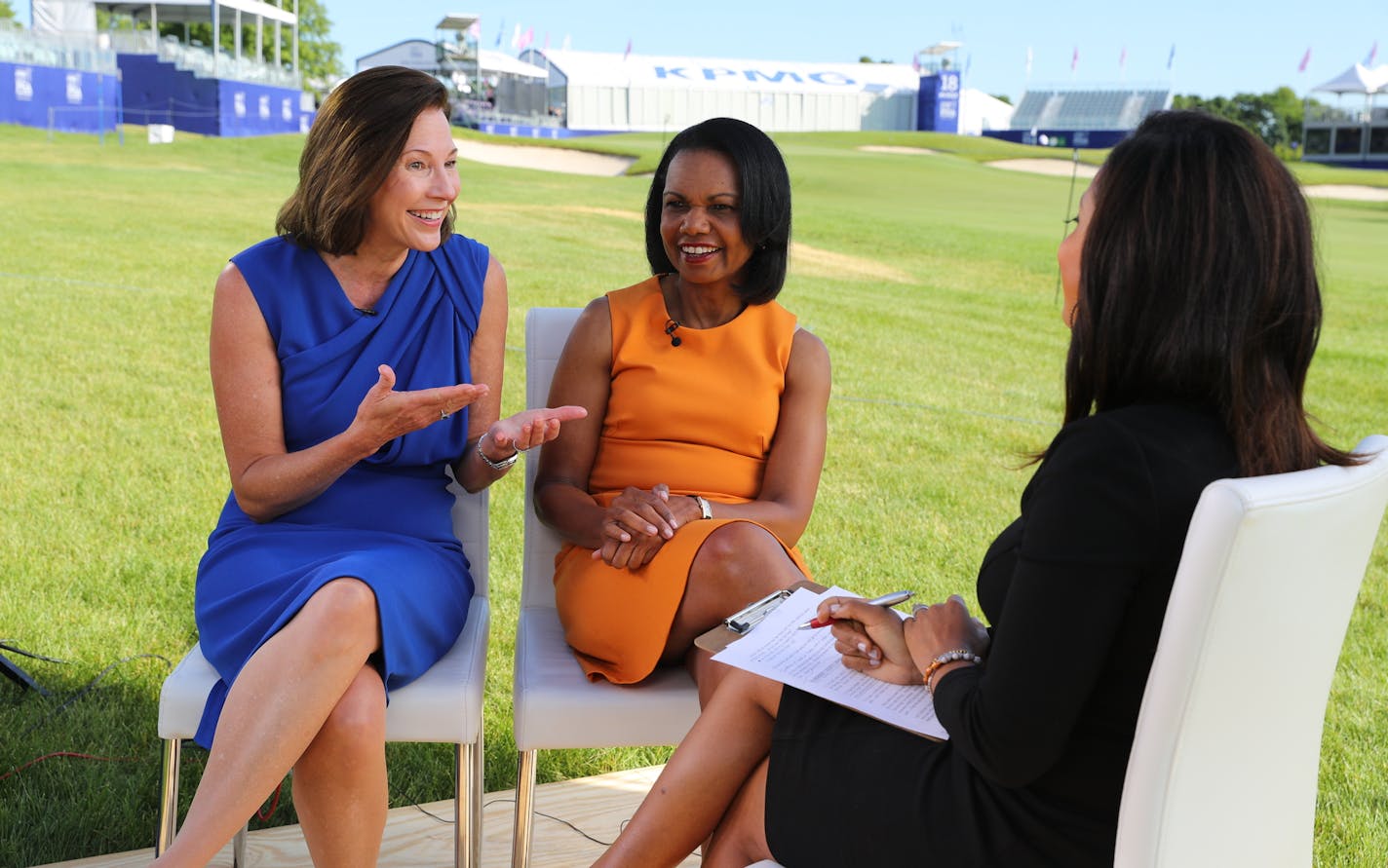 Lynne Doughtie, CEO of KPMG US, and former Secretary of State Condoleezza Rice are interviewed in connection with the KPMG Women's Leadership Summit at Hazeltine National in connection with the LPGA championship there this week. (Provided photo)