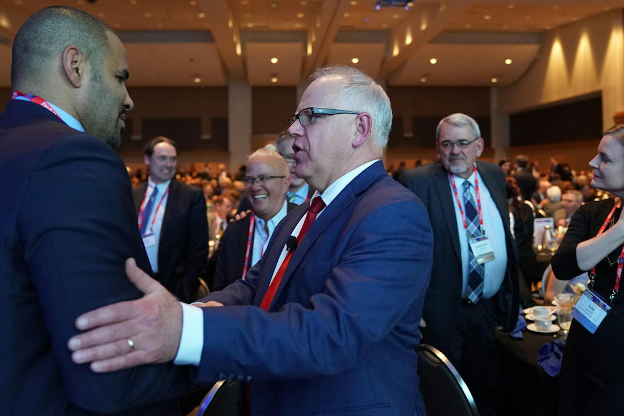 Gov. Tim Walz, at a 2019 Minnesota Chamber of Commerce event, has shown a willingness to compromise on some spending issues with business lobbies.
