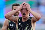 Matthew Wilkinson celebrates his second-place finish in the men's 3,000-meter steeplechase final during the U.S. Olympics track and field trials Sunda
