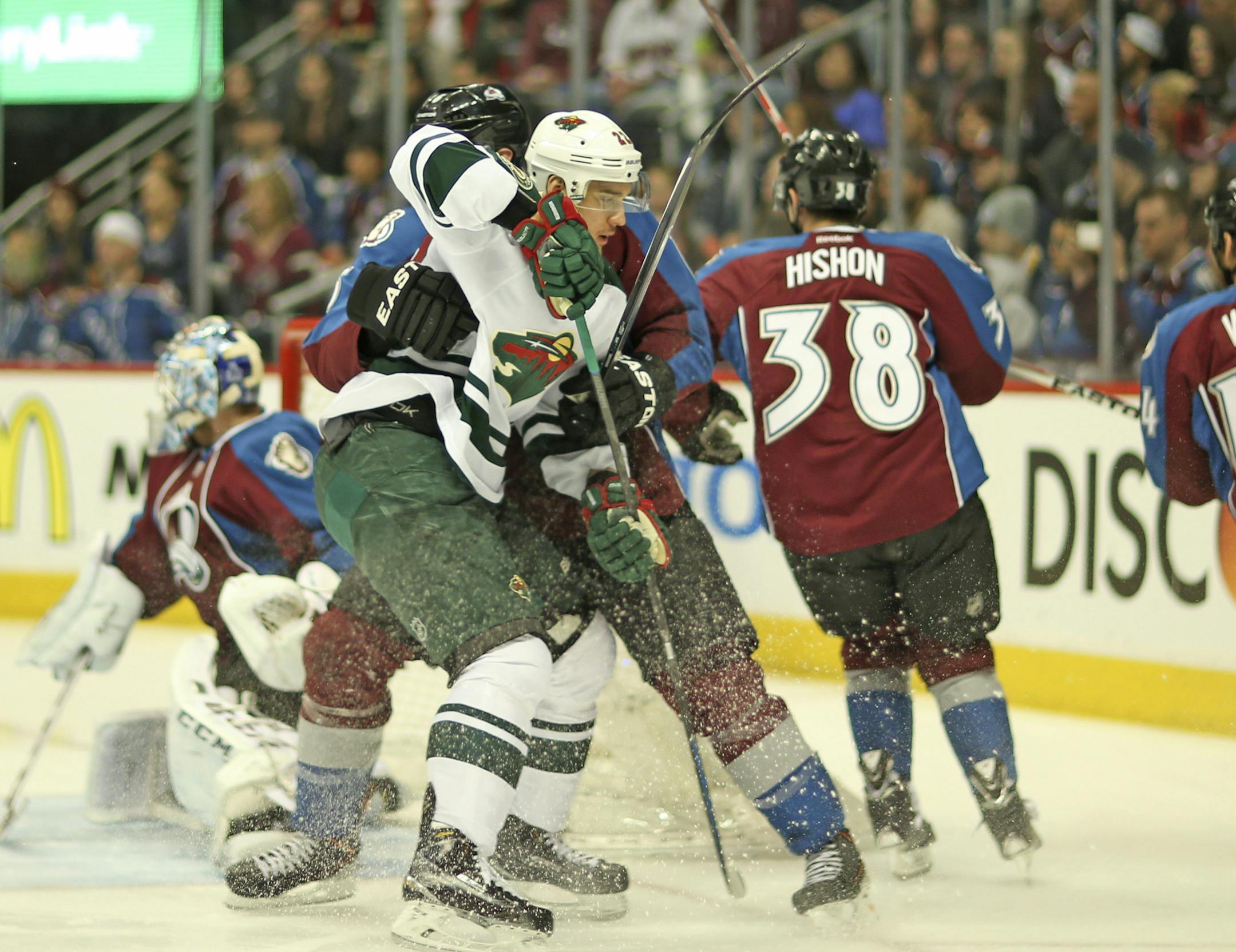Minnesota Wild player Nino Niederreiter is slowed down by the Colorado Avalanche defense during the first period of play during game 7 of the opening round of the Stanley Cup playoffs Wednesday night at Pepsi Center in Denver. ] JEFF WHEELER ‚Ä¢ jeff.wheeler@startribune.com The Minnesota Wild faced the Colorado Avalanche in game 7 of their NHL opening round playoff series Wednesday night, April 29, 2014, at Pepsi Center in Denver.