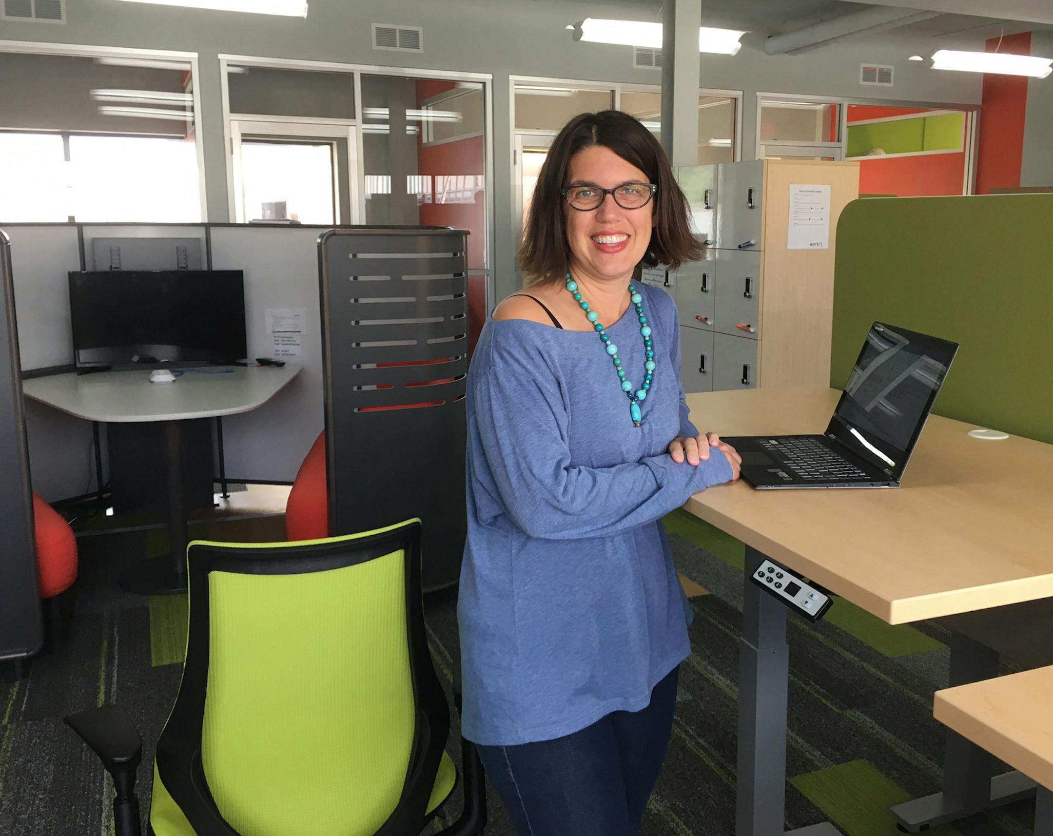 Anne Hendrickson is the owner of WorkIt, a new co-working space in St. Paul with active work stations and fitness gear so clients can avoid being sedentary. Photo by Christopher Snowbeck