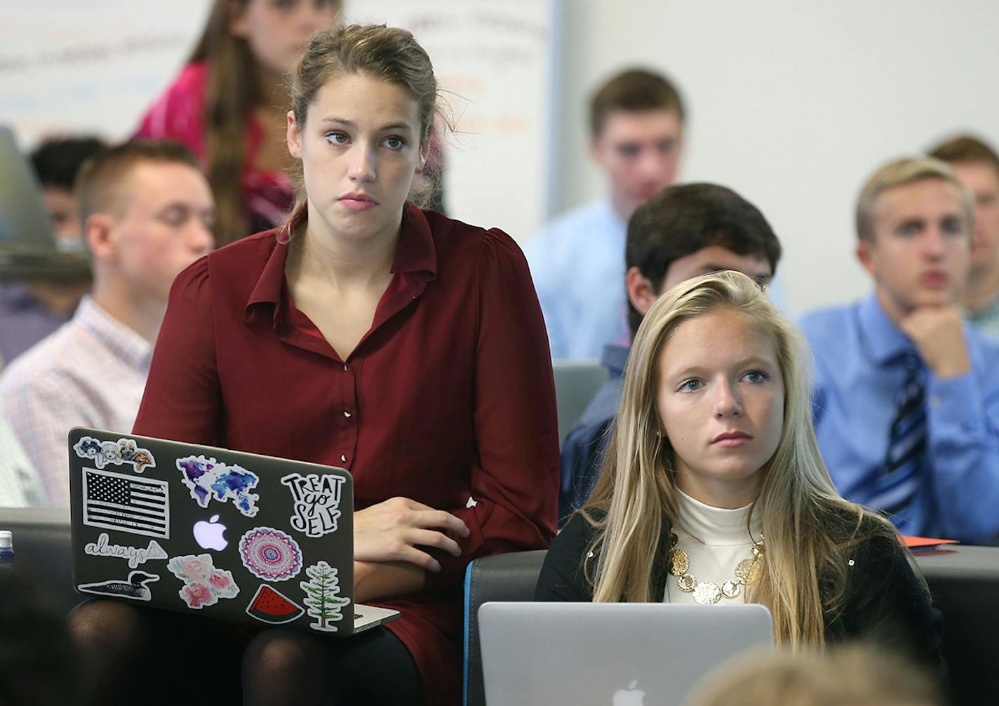 Minnetonka High School students Hannah Hedstrom, left, and Kendall McDaniel, listened to a presentation about potential business projects in the VANTAGE advanced professional program, Thursday, September 24, 2015 in Minnetonka, MN. ] (ELIZABETH FLORES/STAR TRIBUNE) ELIZABETH FLORES &#x2022; eflores@startribune.com