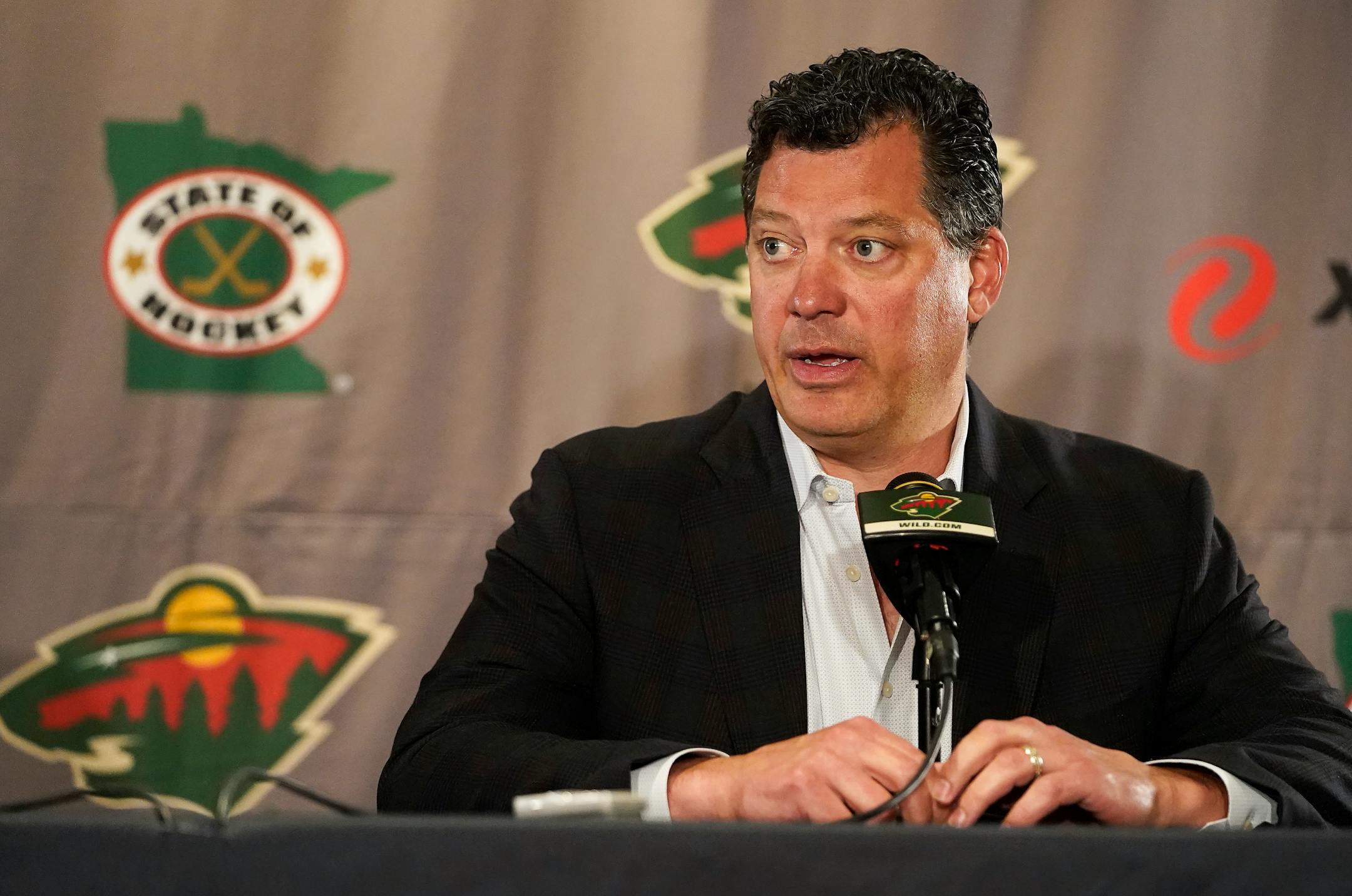Minnesota Wild general manager Bill Guerin spoke of his disappointment at the Wild's elimination last week from the Stanley Cup Playoffs to the St. Louis Blues but also expressed optimism about the Wild's future during a press conference Tuesday, May 17, 2022 at the Xcel Energy Center in St. Paul, Minn. ]