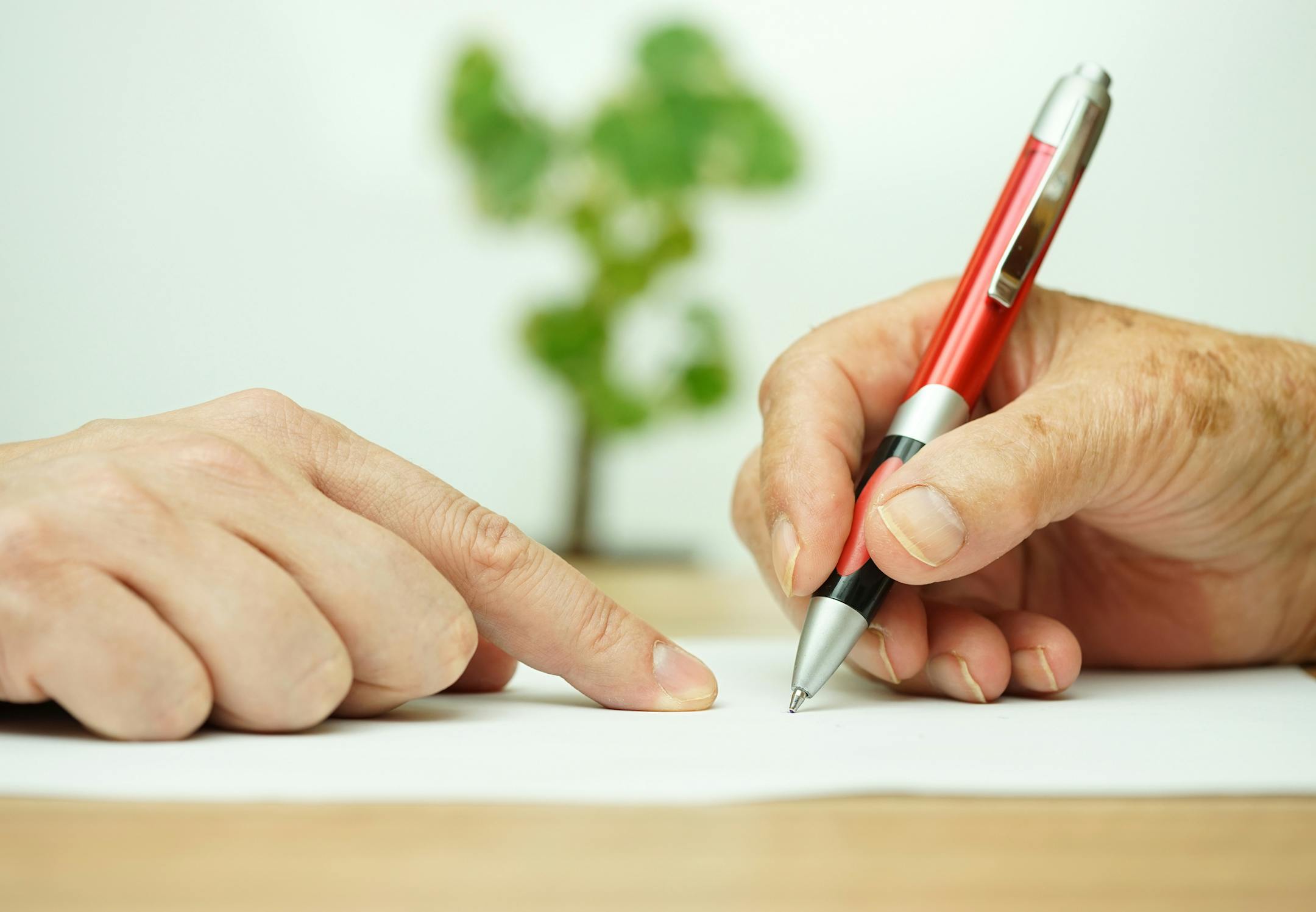 Hand of young adult pointing elderly person where to sign