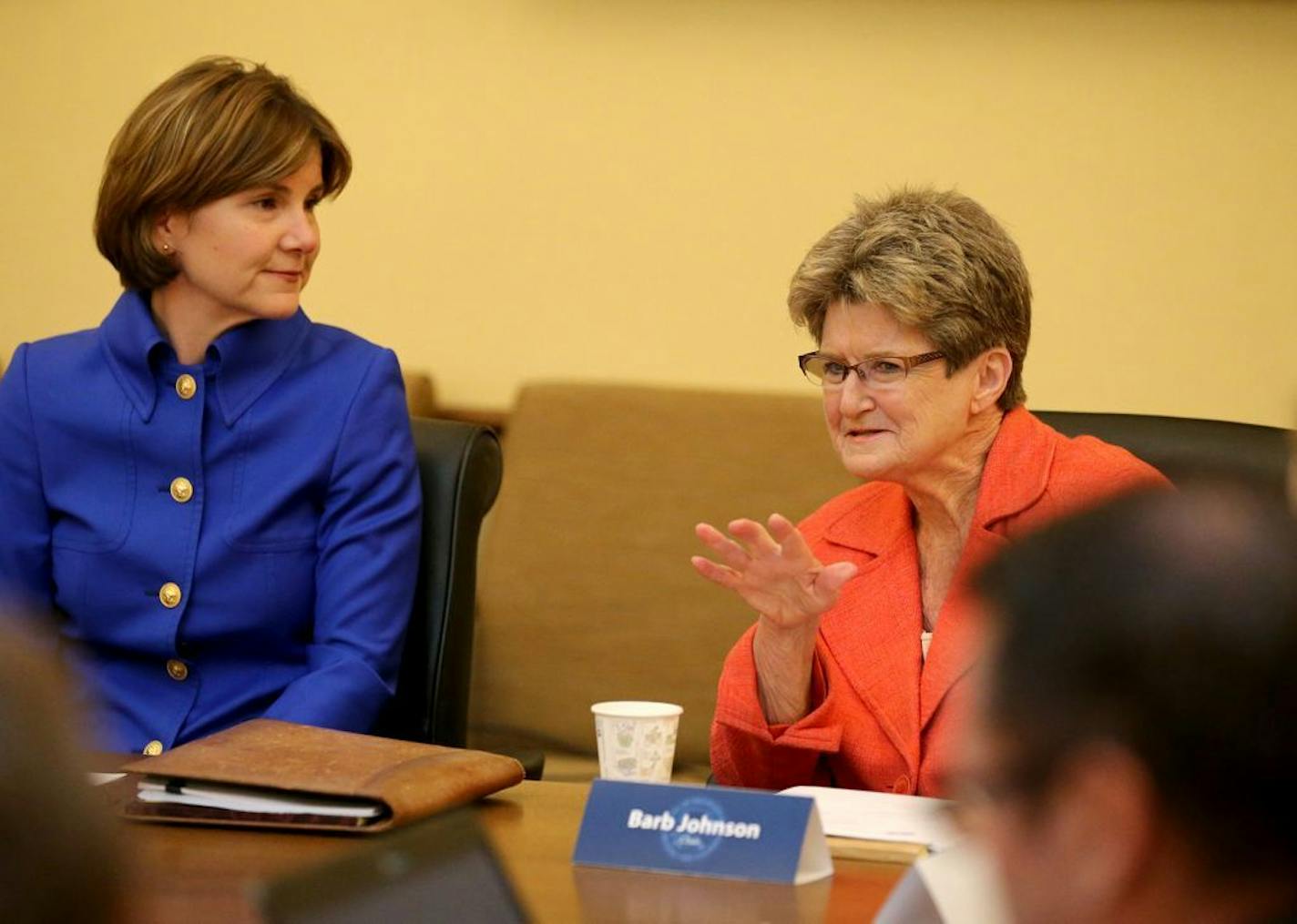 Minnesota Attorney General Lori Swanson with Barb Johnson in September as Swanson's sexual assault working group met for the first time.