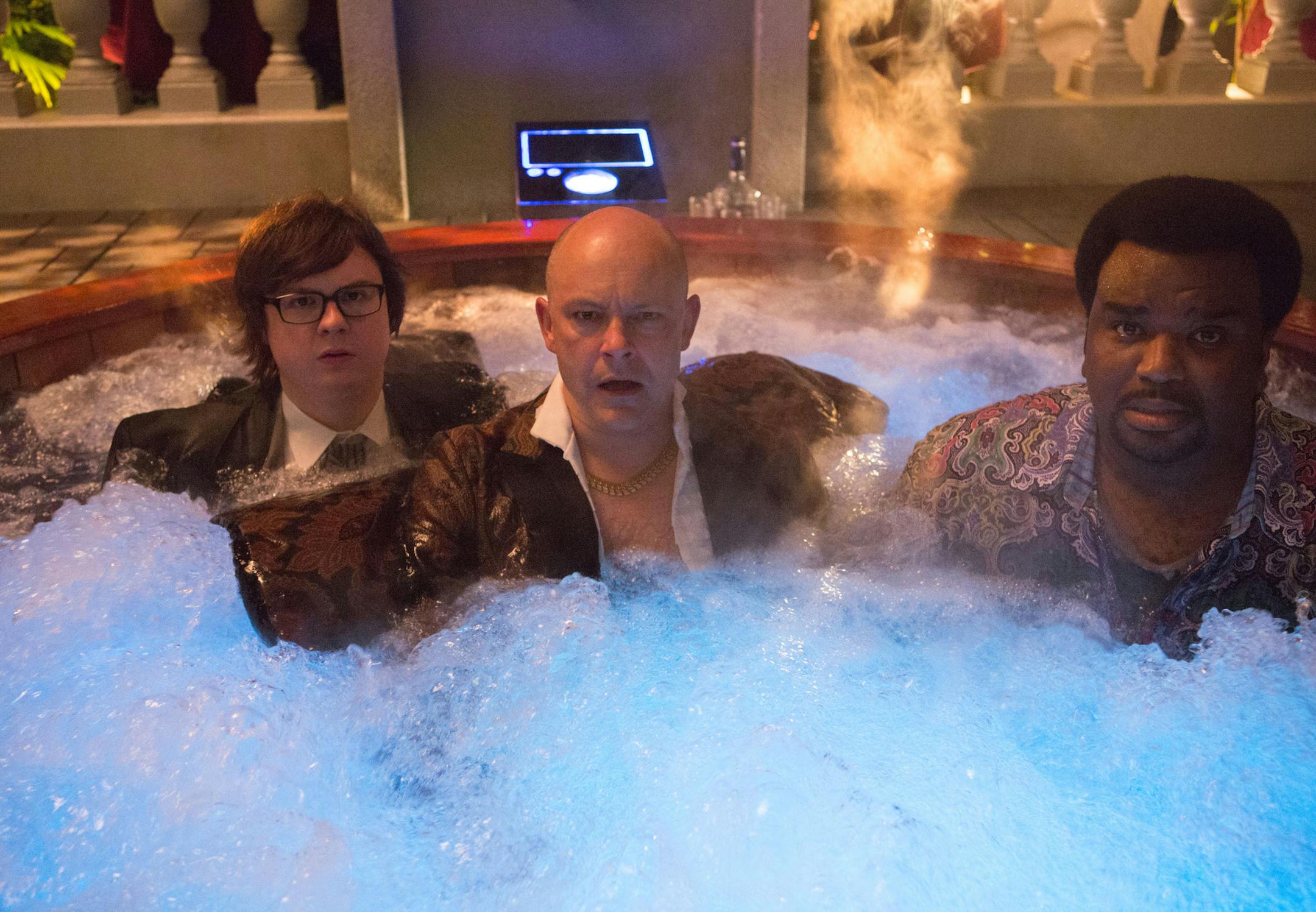 In this image released by Paramount Pictures/MGM, Clark Duke, from left, Rob Corddry and Craig Robinson appear in a scene from "Hot Tub Time Machine 2." (AP Photo/Paramount Pictures/MGM, Steve Dietl) ORG XMIT: MIN2015021812175128
