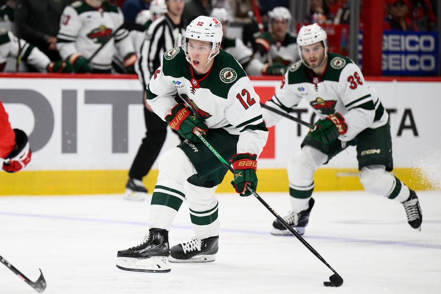 Minnesota Wild left wing Matt Boldy (12) in action during the second period of an NHL hockey game against the Washington Capitals, Tuesday, Jan. 17, 2023, in Washington. (AP Photo/Nick Wass)