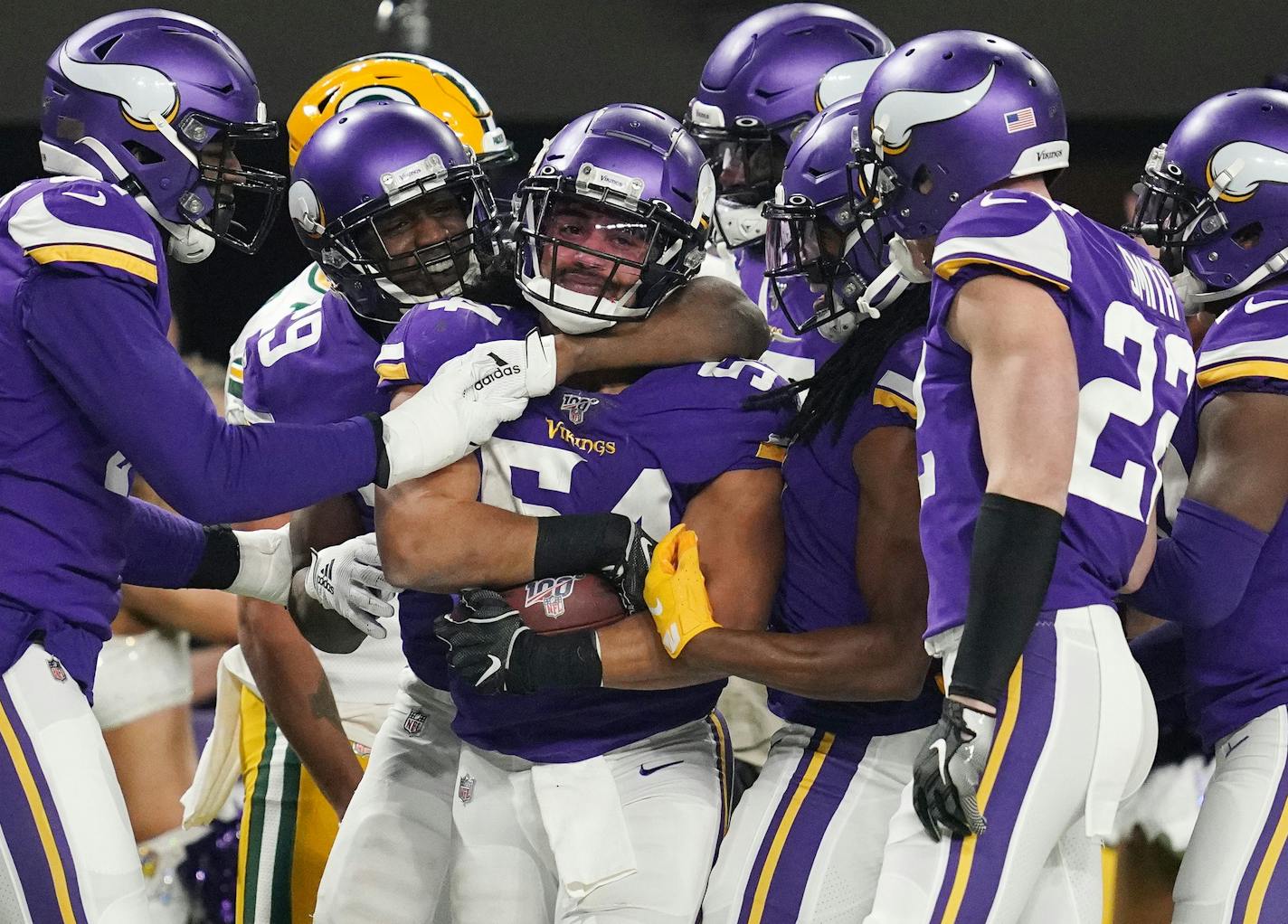 Minnesota Vikings middle linebacker Eric Kendricks (54) was mobbed by his teammates after he recovered a fumble in the first quarter. ] ANTHONY SOUFFLE &#x2022; anthony.souffle@startribune.com The Minnesota Vikings played the Green Bay Packers in an NFL game Monday, Dec. 23, 2019 at U.S. Bank Stadium in Minneapolis.