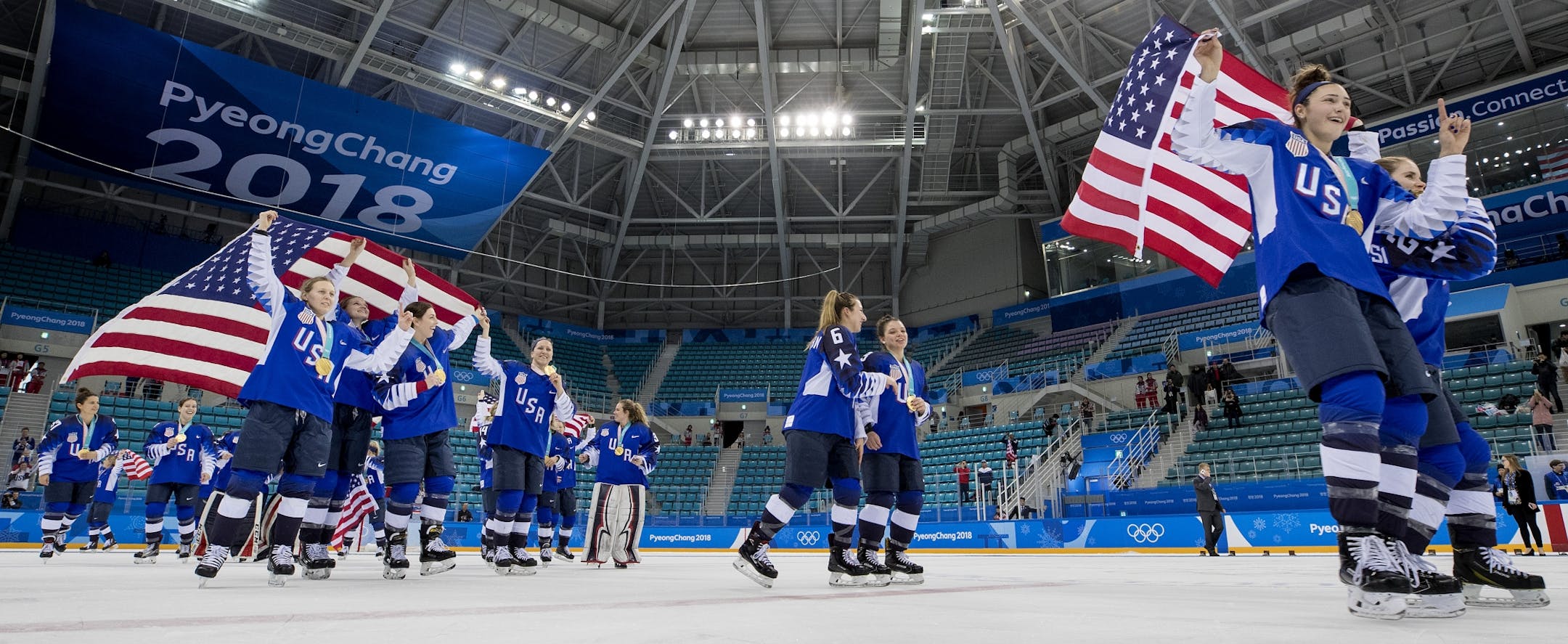 Team USA celebrated at the end of the game. USA beat Canada 3-2 in a shootout to win the gold medal at Gangneung Hockey Centre on Thursday.