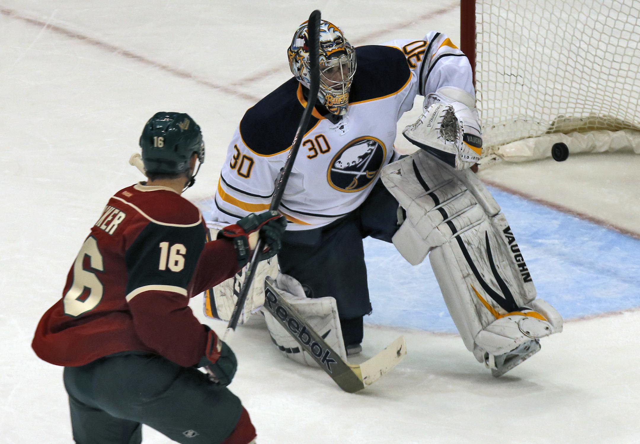 Minnesota Wild vs. Buffalo Sabres. Minnesota scored three goals in the 2nd period. Wild Jason Zucker (16) scored the third goal of the second period beating Sabres goalie Ryan Miller on the play. (MARLIN LEVISON/STARTRIBUNE(mlevison@startribune.com)
