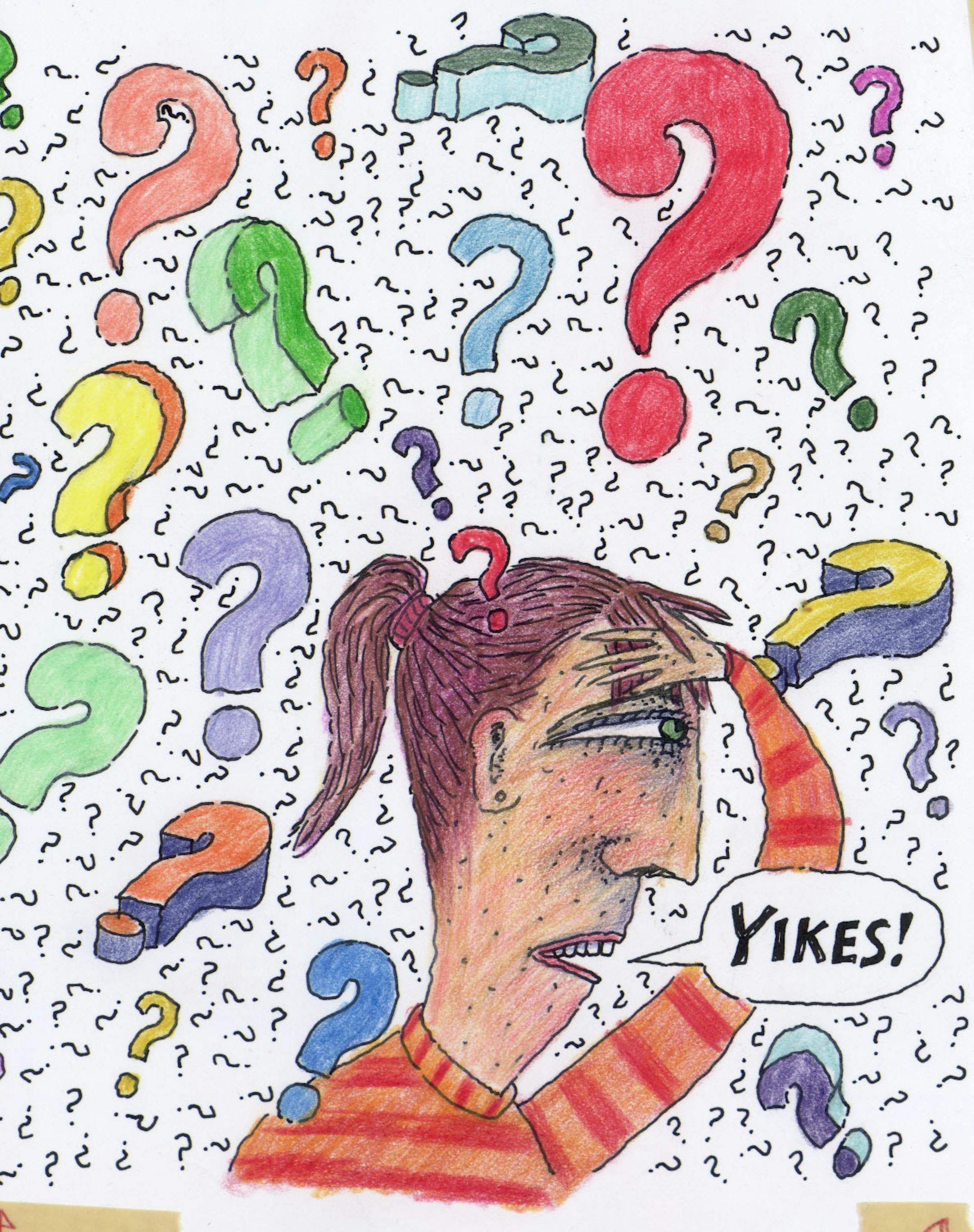 YIKES! Illustration art by Star Tribune artist L.K. Hanson goes with the Saturday October 12, 1996 Faith & Values page 07B rail item about someone trying to find or choose a church. Art portrays a woman saying YIKES! with lots of question marks over her head.