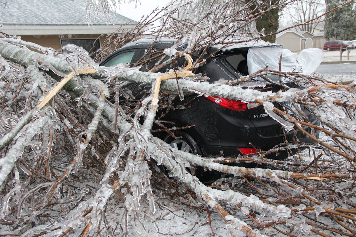An ice-covered tree rests atop a vehicle in Worthington, Minn. (April 10, 2013).
