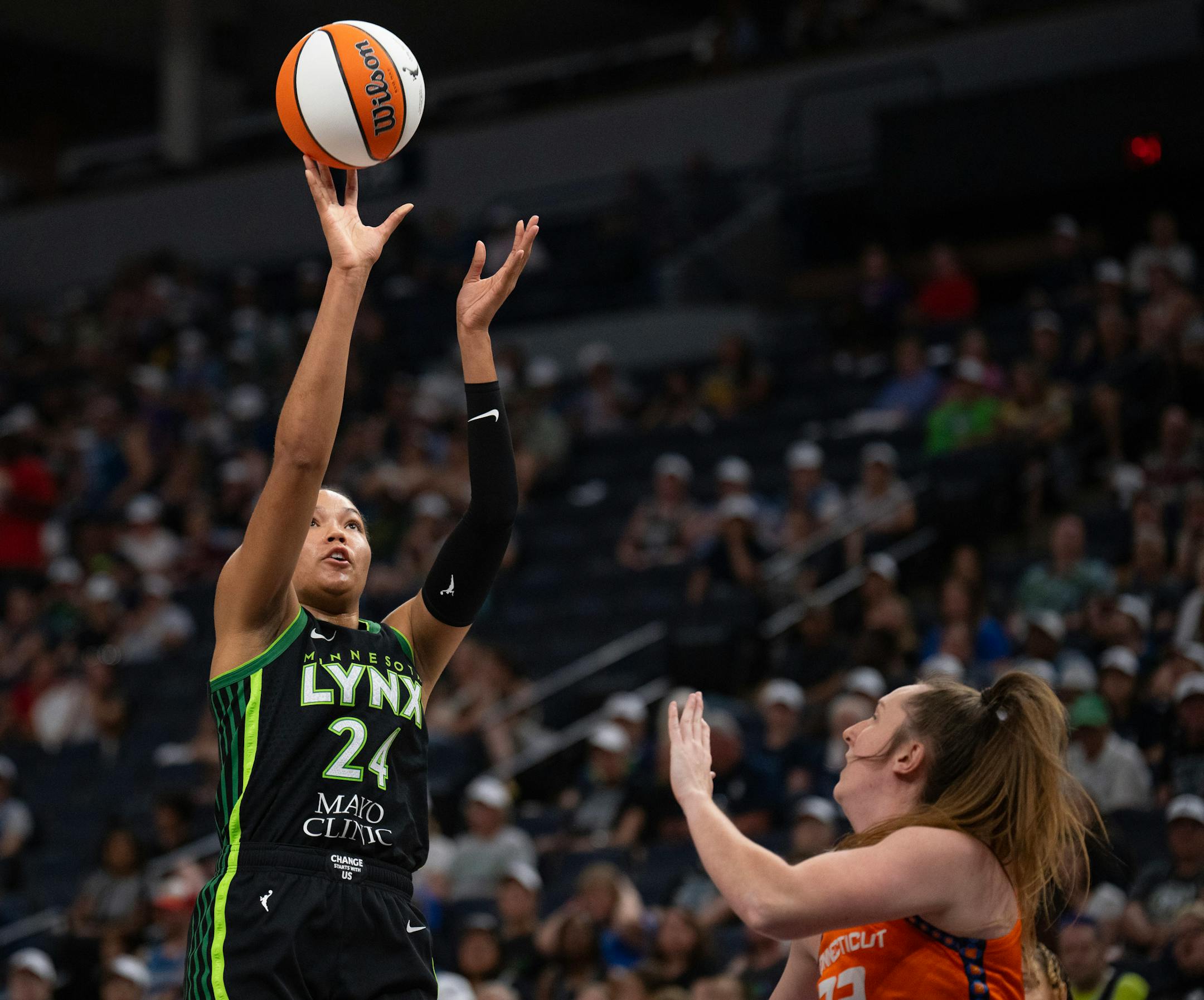 Minnesota Lynx forward Napheesa Collier (24) put up two of her team high 21 points in the first quarter Thursday night. The Minnesota Lynx faced the Connecticut Sun in a WNBA game Thursday night, June 22, 2023 at Target Center in Minneapolis.