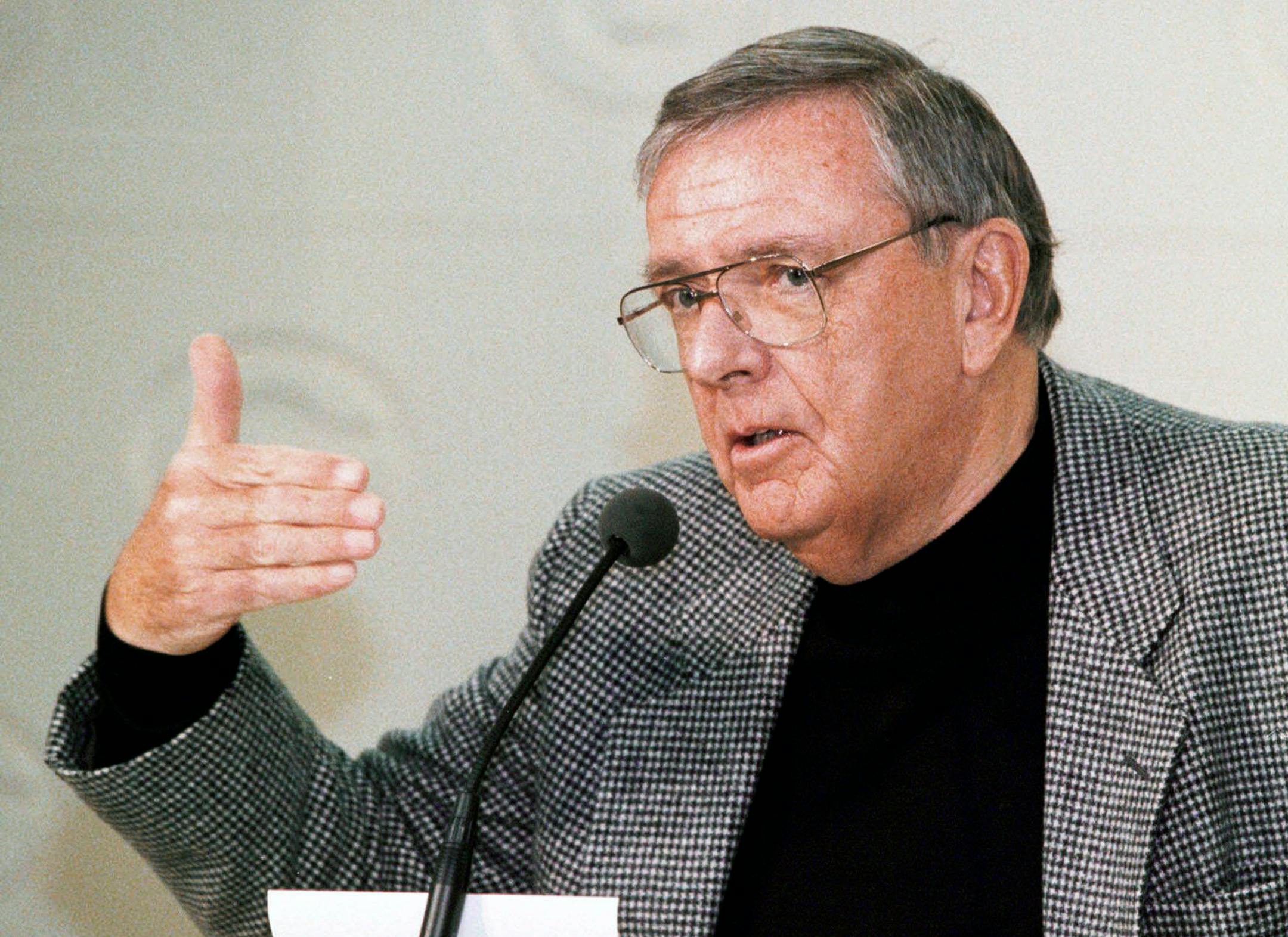 FILE - In this Jan. 3, 2000, file photo, Green Bay Packer general manager Ron Wolf talks about the firing of Packers head coach Ray Rhodes and the entire coach staff in Green Bay, Wis. When the Green Bay Packers were searching for someone to help rekindle the glory of the Lombardi years, they turned to Wolf. He turned them back into a powerhouse, and now he has been rewarded with election to the Pro Football Hall of Fame. (AP Photo/Mike Roemer, File)
