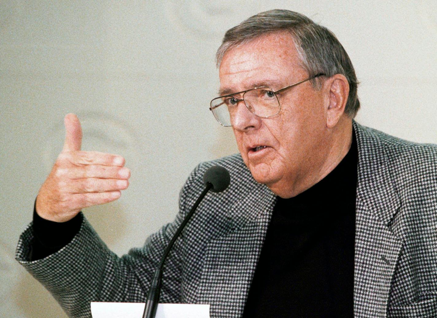 FILE - In this Jan. 3, 2000, file photo, Green Bay Packer general manager Ron Wolf talks about the firing of Packers head coach Ray Rhodes and the entire coach staff in Green Bay, Wis. When the Green Bay Packers were searching for someone to help rekindle the glory of the Lombardi years, they turned to Wolf. He turned them back into a powerhouse, and now he has been rewarded with election to the Pro Football Hall of Fame. (AP Photo/Mike Roemer, File)