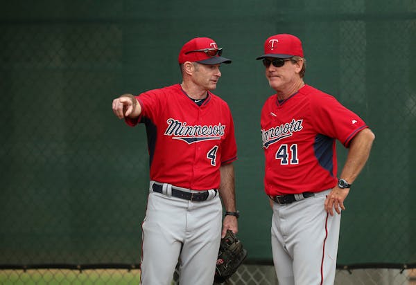 Twins pitching coach Neil Allen, right, and manager Paul Molitor during spring training.